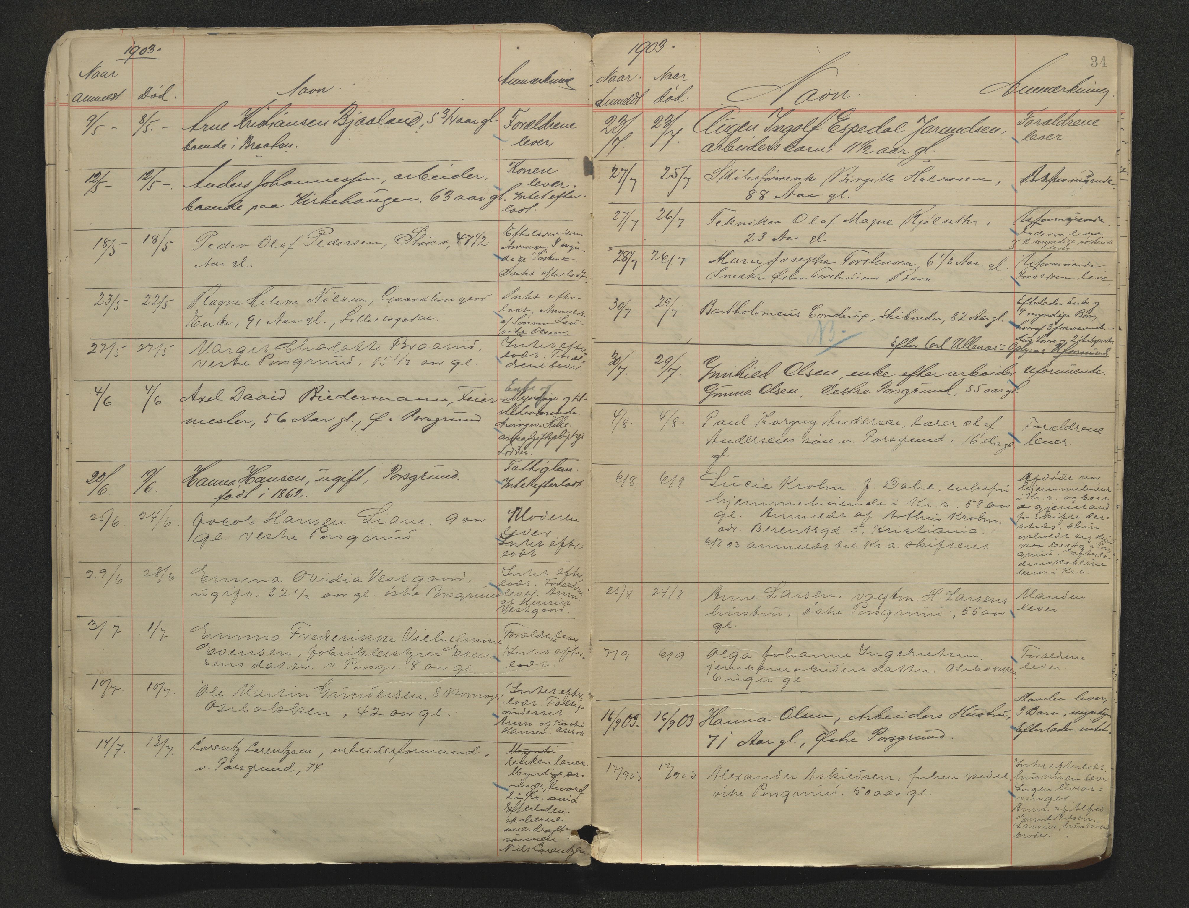 Porsgrunn byfogd, AV/SAKO-A-106/H/Ha/L0002: Dødsanmeldelseprotokoll, 1888-1908, s. 34