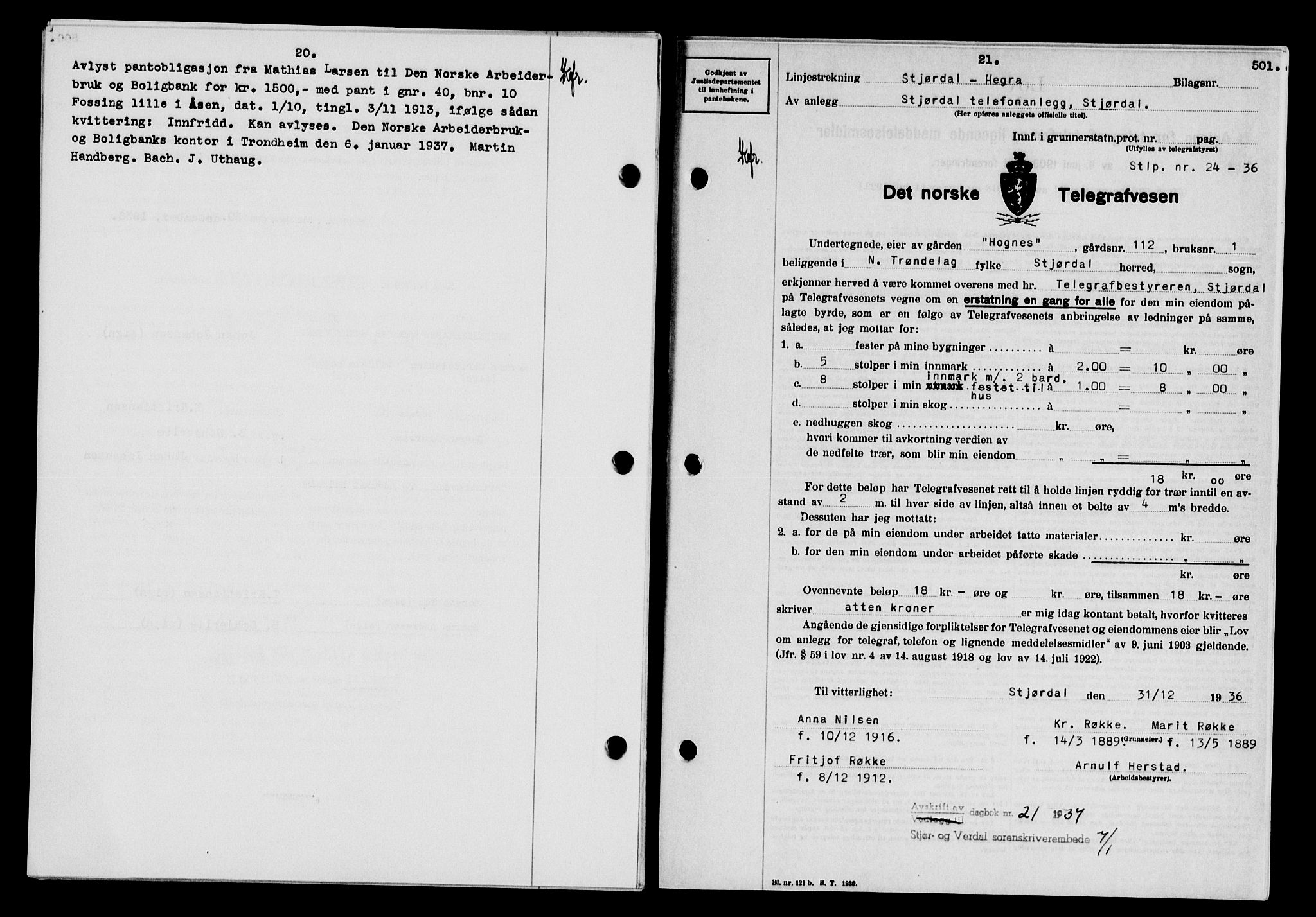 Stjør- og Verdal sorenskriveri, SAT/A-4167/1/2/2C/L0078: Pantebok nr. 46, 1936-1937, Dagboknr: 21/1937