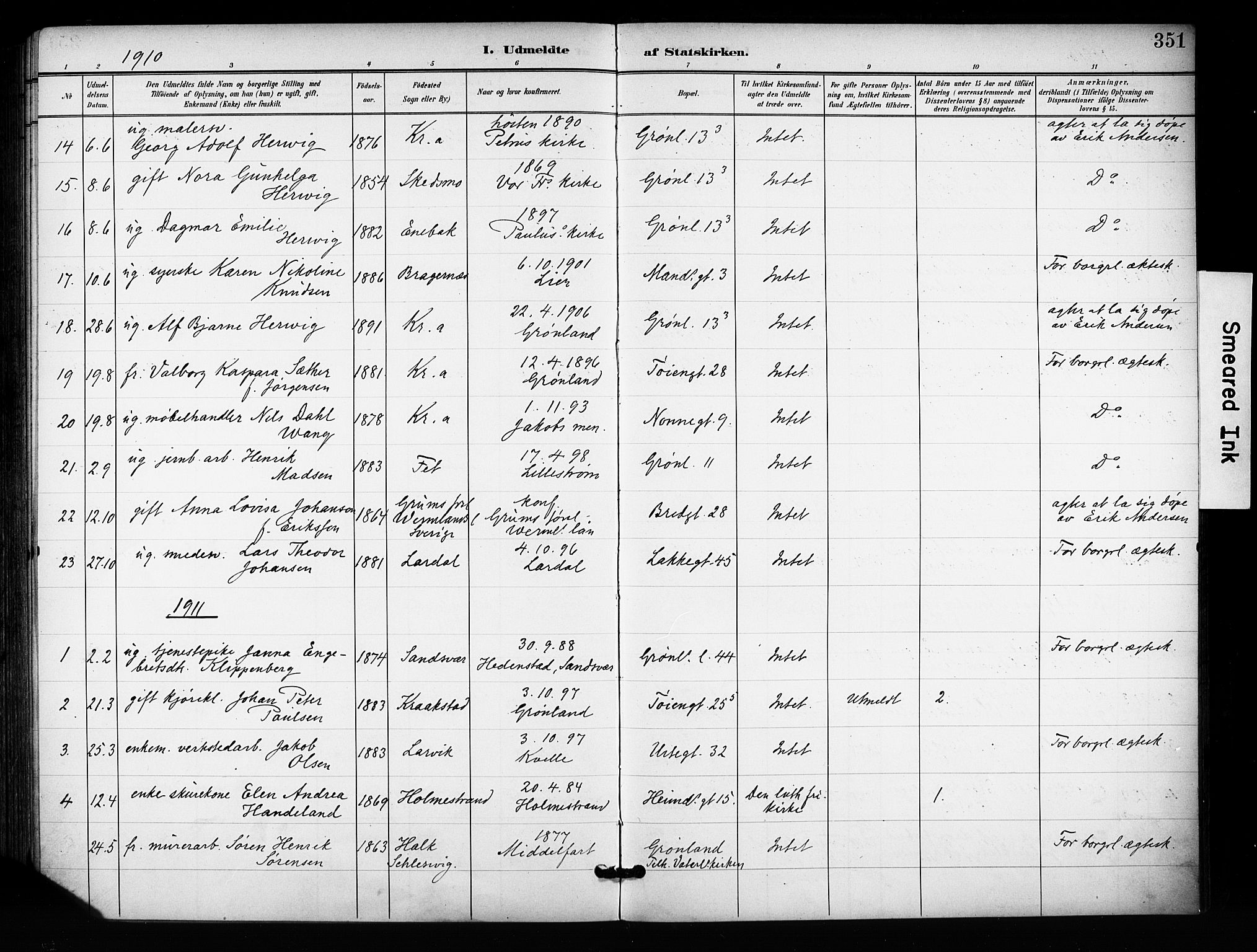 Grønland prestekontor Kirkebøker, AV/SAO-A-10848/F/Fa/L0015: Ministerialbok nr. 15, 1899-1919, s. 351