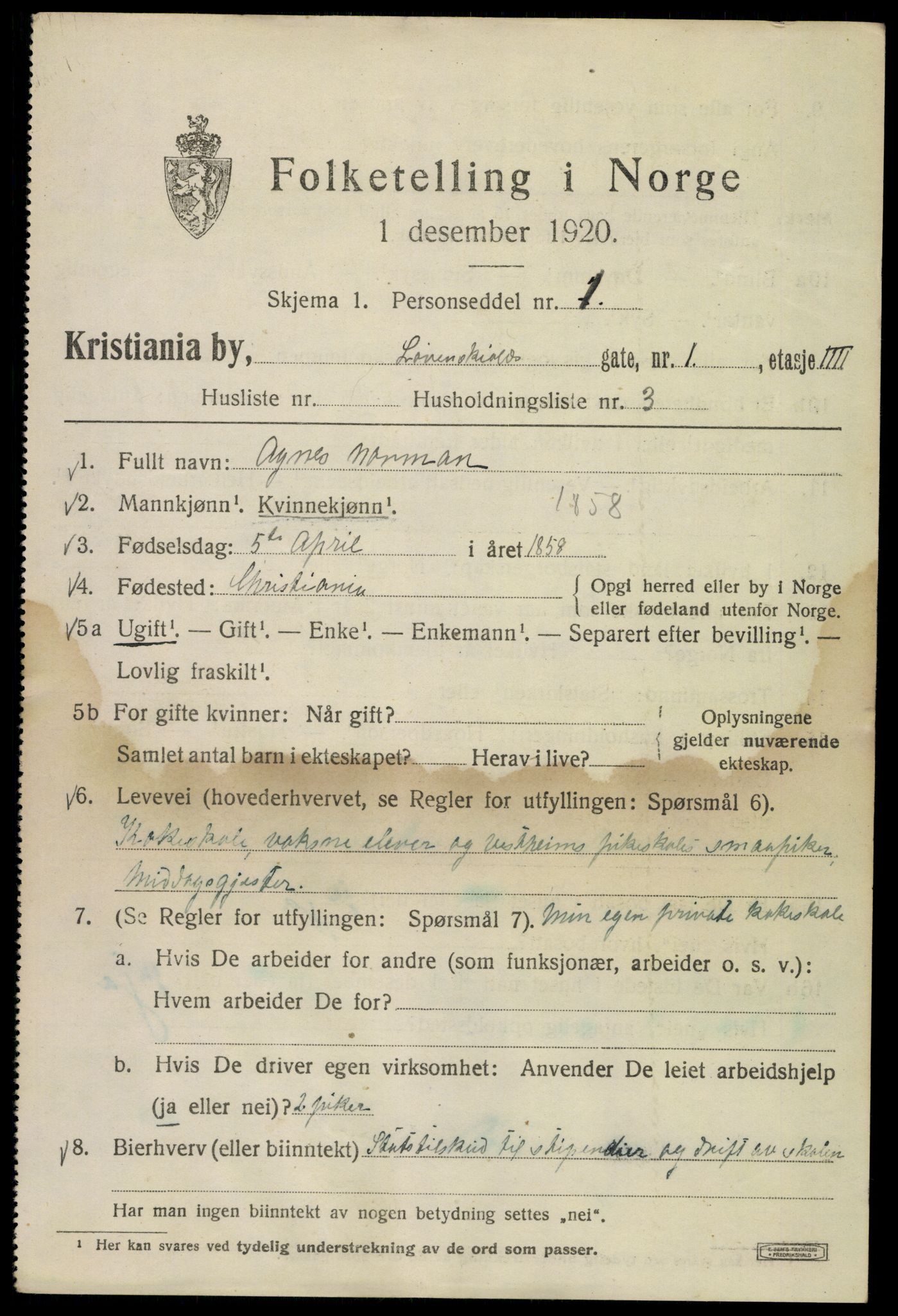SAO, Folketelling 1920 for 0301 Kristiania kjøpstad, 1920, s. 367955