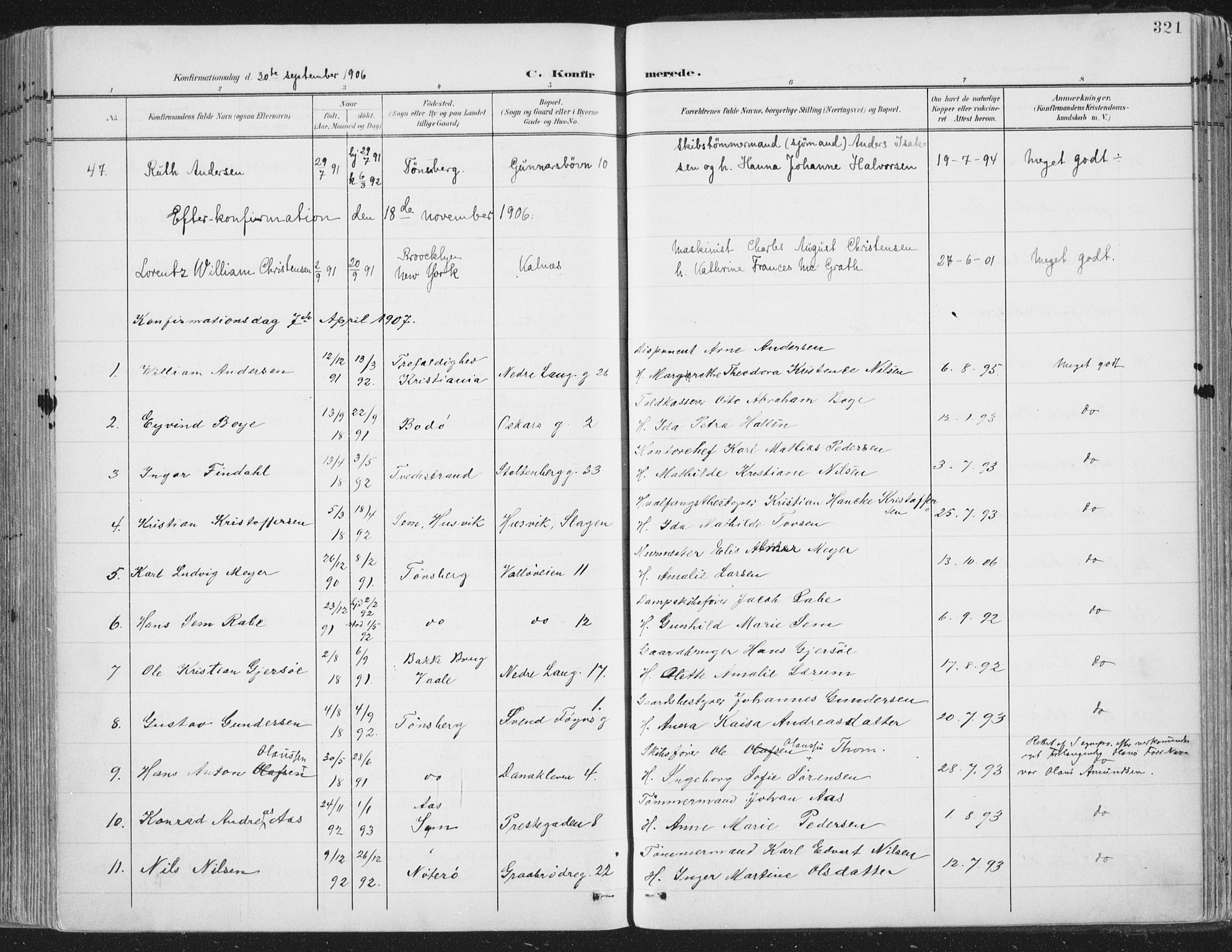Tønsberg kirkebøker, AV/SAKO-A-330/F/Fa/L0014: Ministerialbok nr. I 14, 1900-1913, s. 321