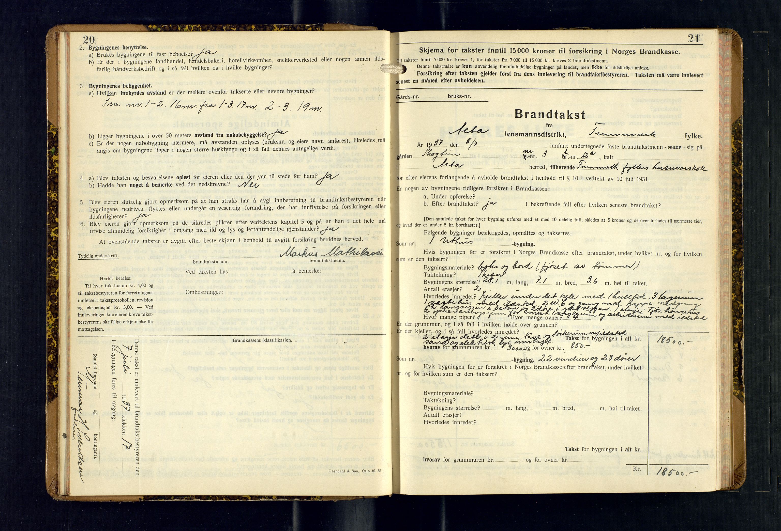 Alta lensmannskontor, AV/SATØ-S-1165/O/Ob/L0178: Branntakstprotokoll, 1937-1940, s. 20-21