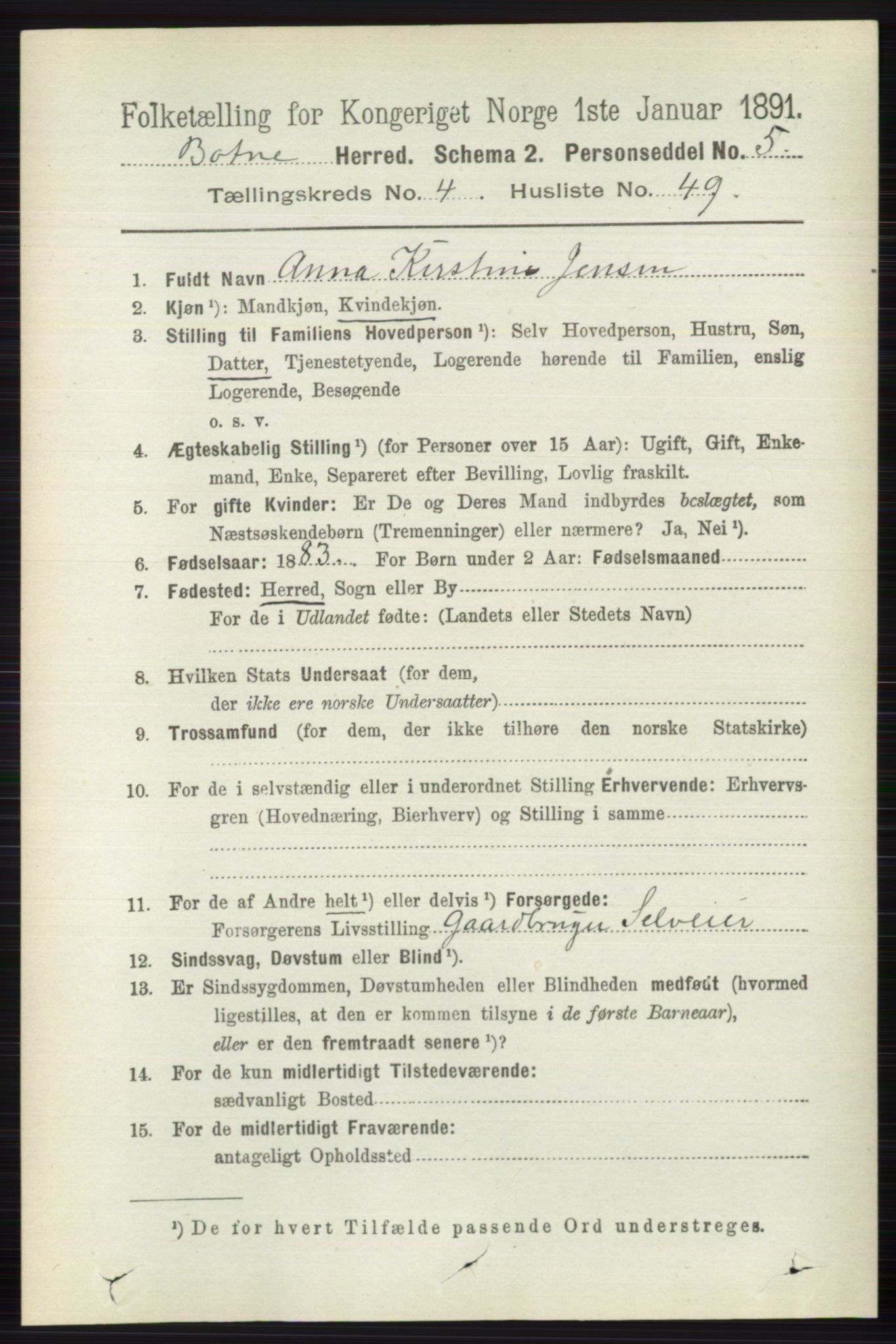 RA, Folketelling 1891 for 0715 Botne herred, 1891, s. 1884