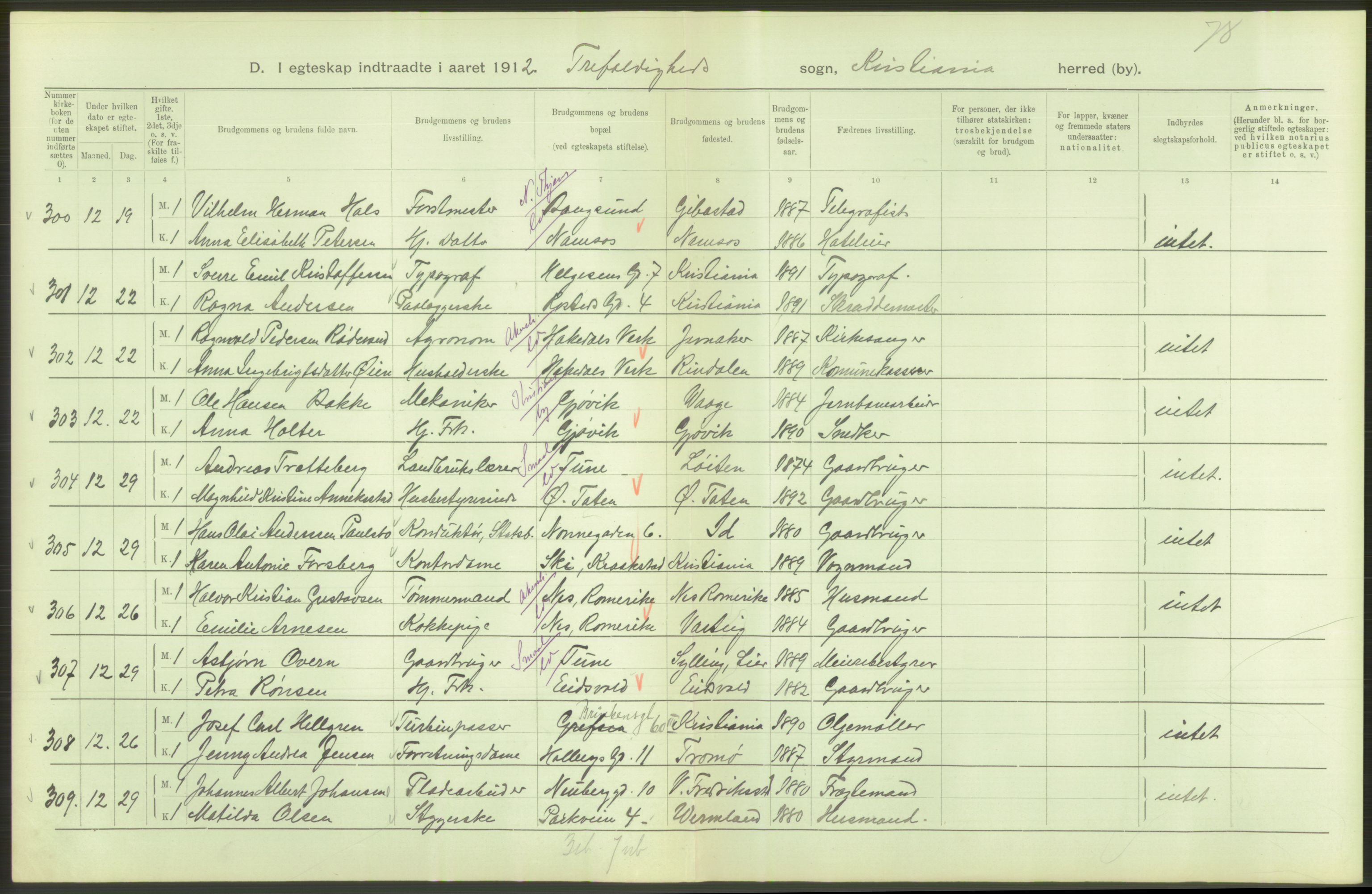 Statistisk sentralbyrå, Sosiodemografiske emner, Befolkning, AV/RA-S-2228/D/Df/Dfb/Dfbb/L0008: Kristiania: Gifte, 1912, s. 598