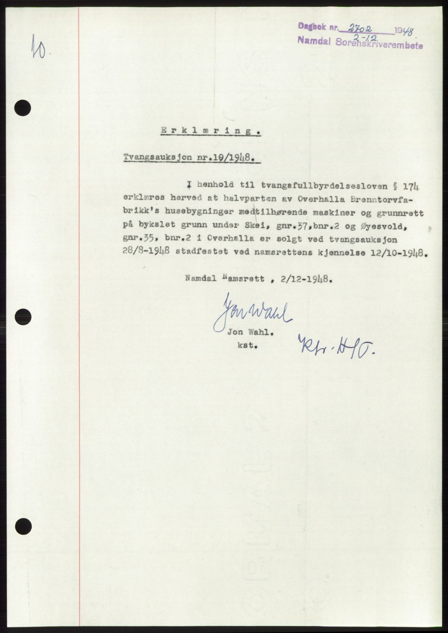 Namdal sorenskriveri, SAT/A-4133/1/2/2C: Pantebok nr. -, 1948-1948, Dagboknr: 2702/1948