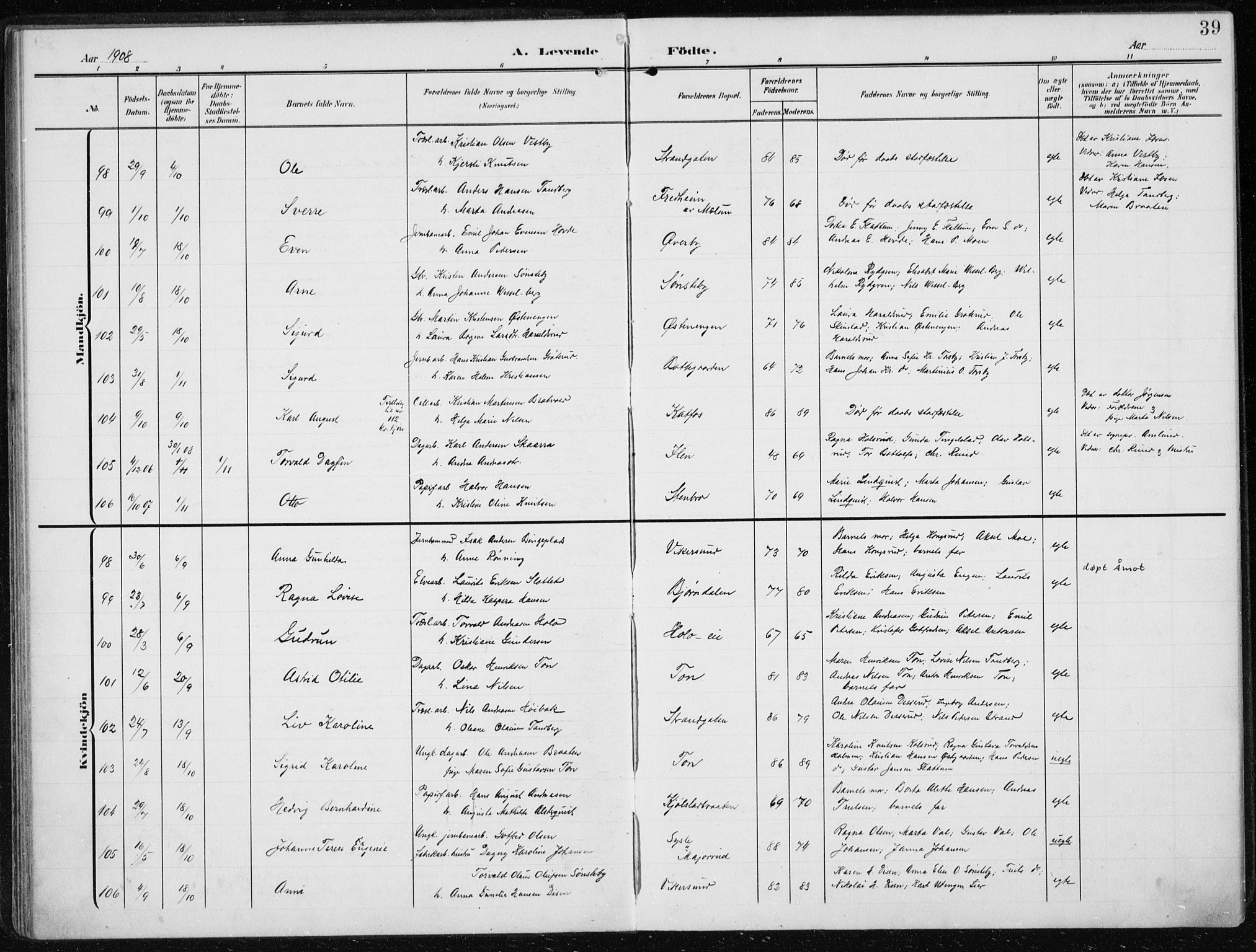 Modum kirkebøker, SAKO/A-234/F/Fa/L0014a: Ministerialbok nr. 14A, 1906-1918, s. 39