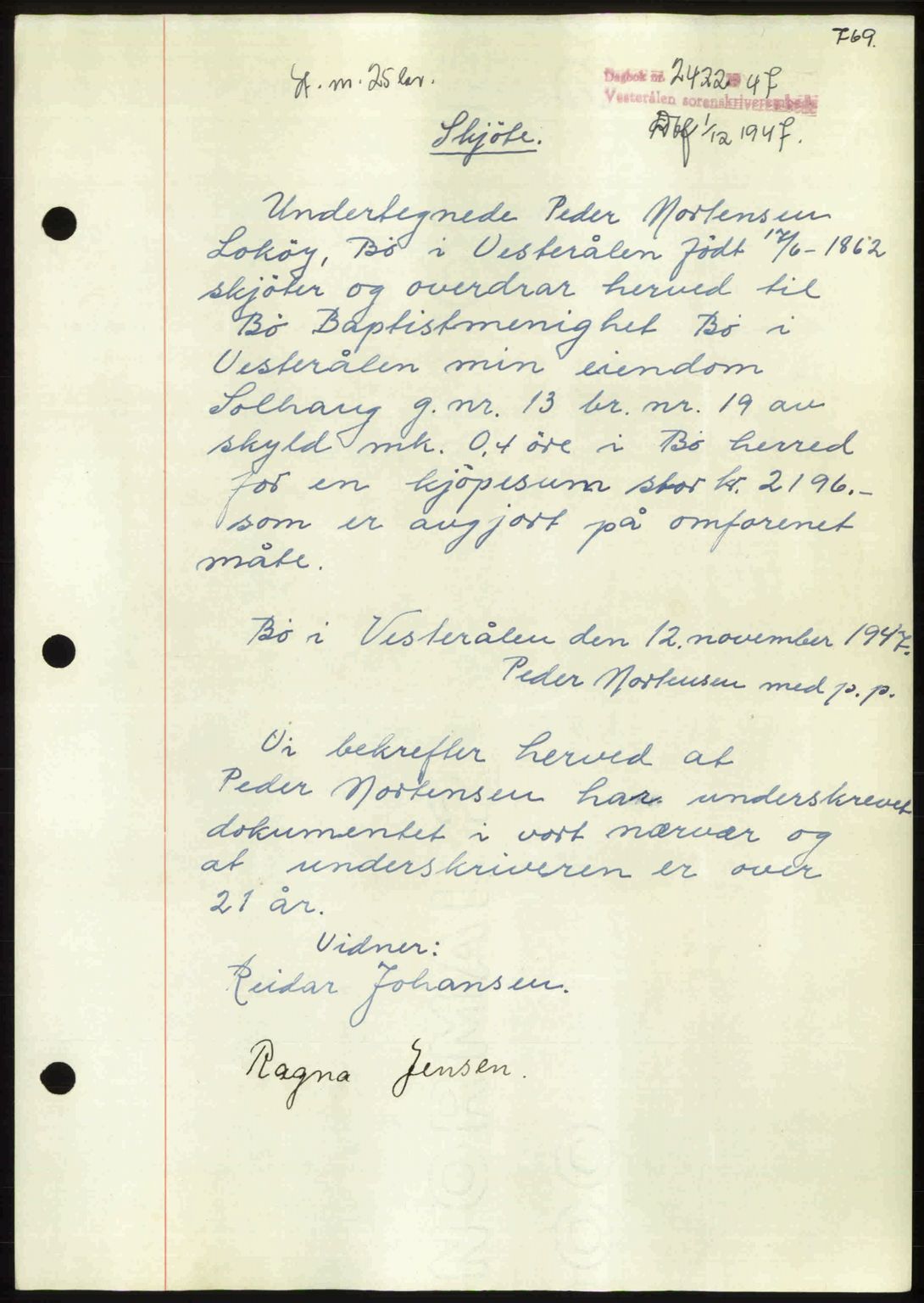 Vesterålen sorenskriveri, SAT/A-4180/1/2/2Ca: Pantebok nr. A21, 1947-1947, Dagboknr: 2422/1947