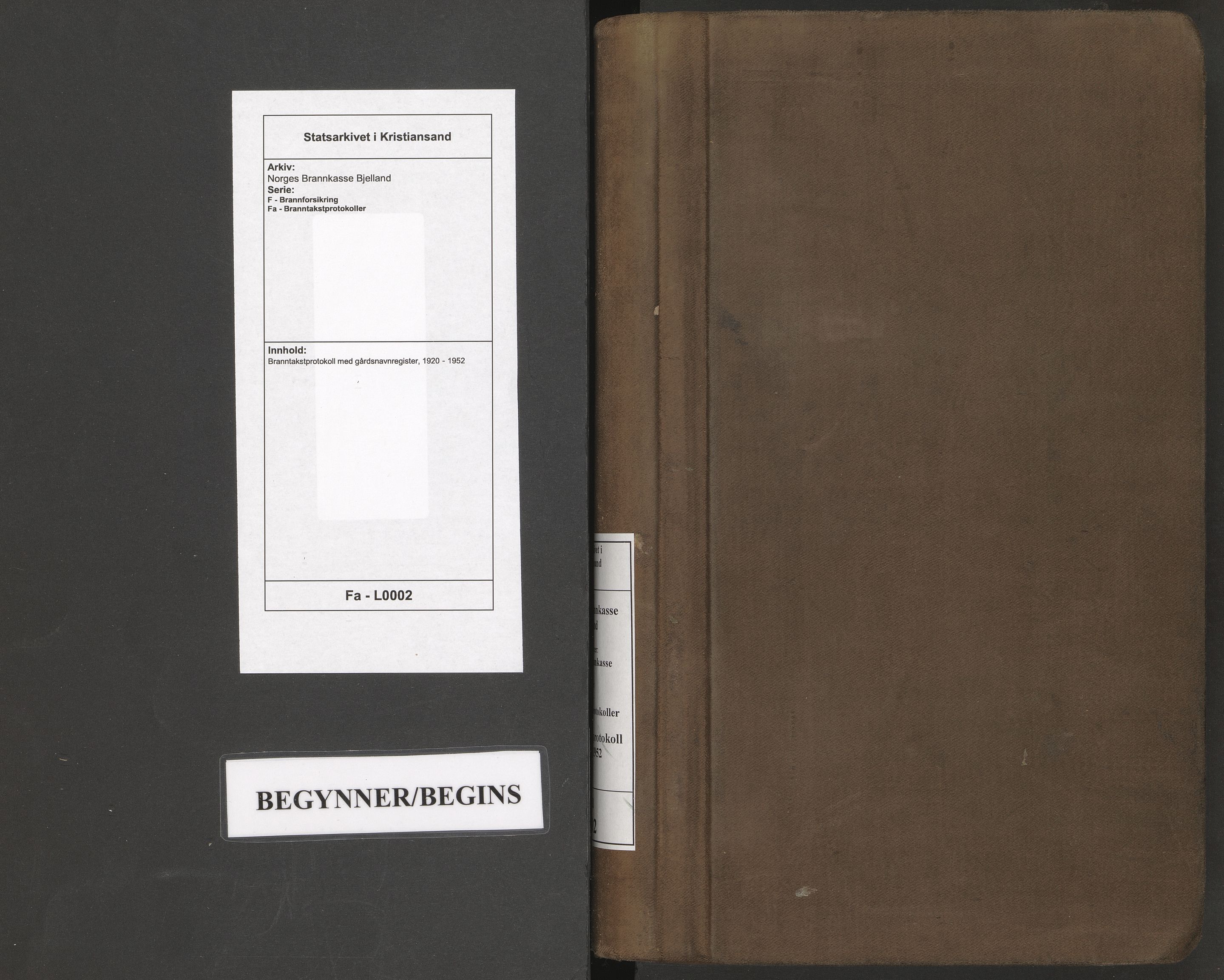 Norges Brannkasse Bjelland, SAK/2241-0006/F/Fa/L0002: Branntakstprotokoll med gårdsnavnregister, 1920-1952