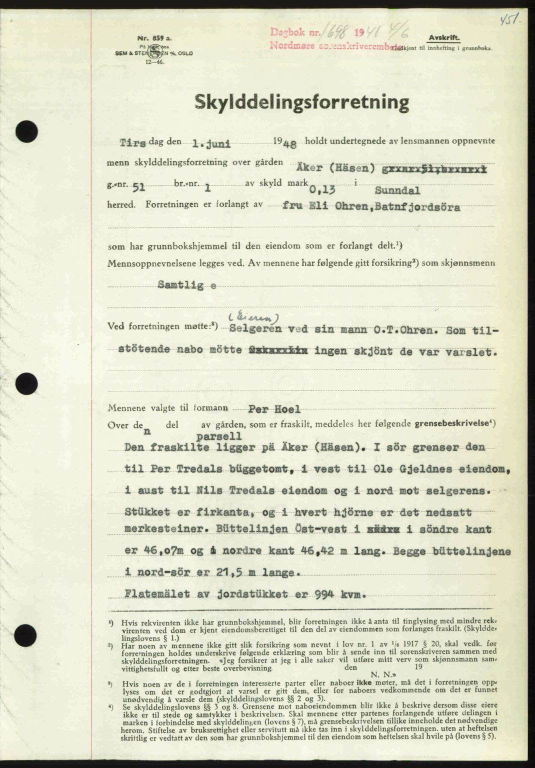 Nordmøre sorenskriveri, SAT/A-4132/1/2/2Ca: Pantebok nr. A108, 1948-1948, Dagboknr: 1698/1948