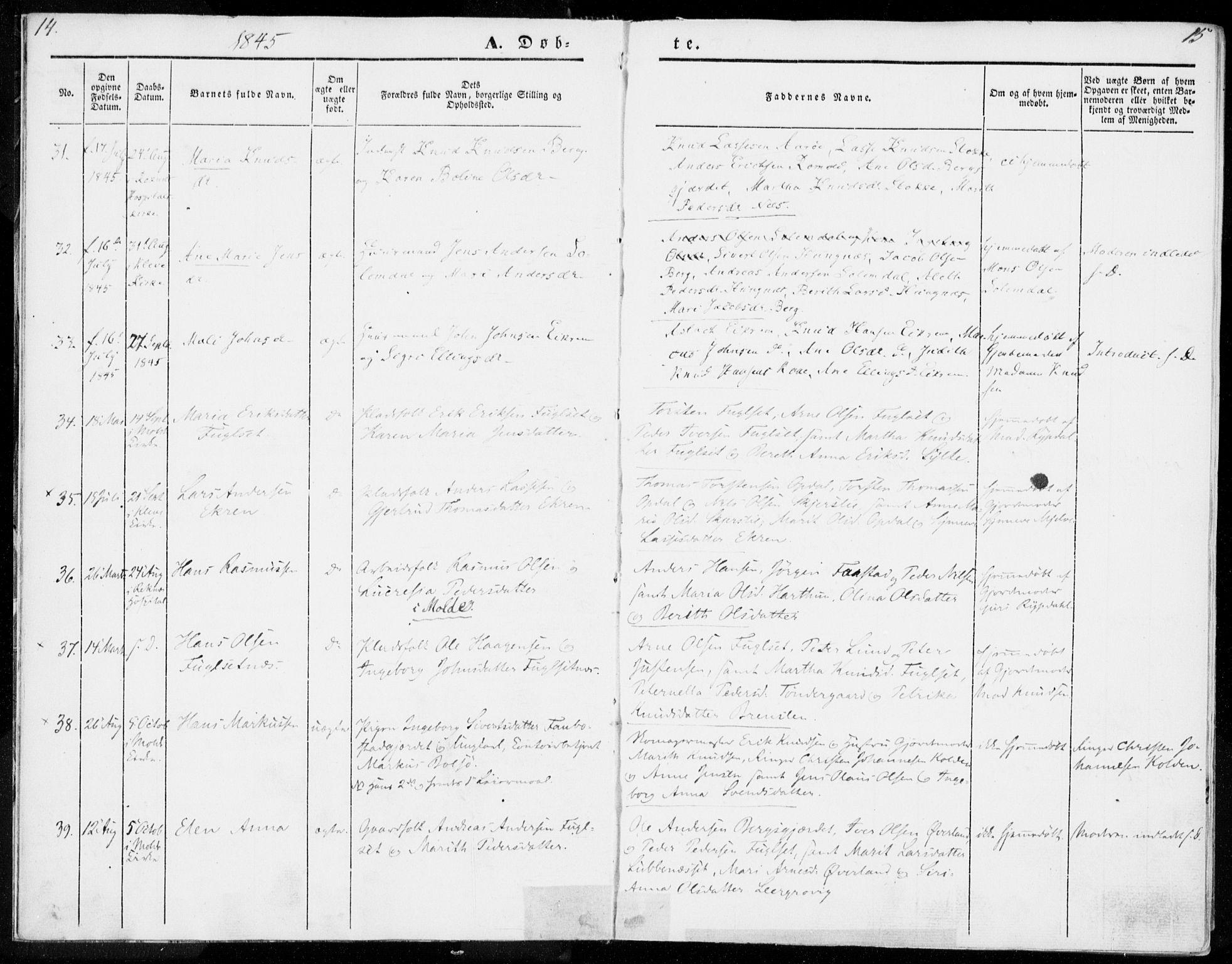 Ministerialprotokoller, klokkerbøker og fødselsregistre - Møre og Romsdal, AV/SAT-A-1454/555/L0653: Ministerialbok nr. 555A04, 1843-1869, s. 14-15