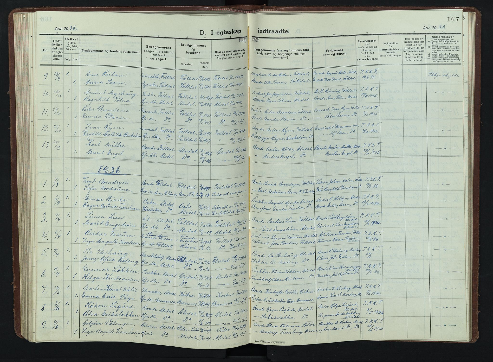 Alvdal prestekontor, AV/SAH-PREST-060/H/Ha/Hab/L0007: Klokkerbok nr. 7, 1924-1945, s. 167
