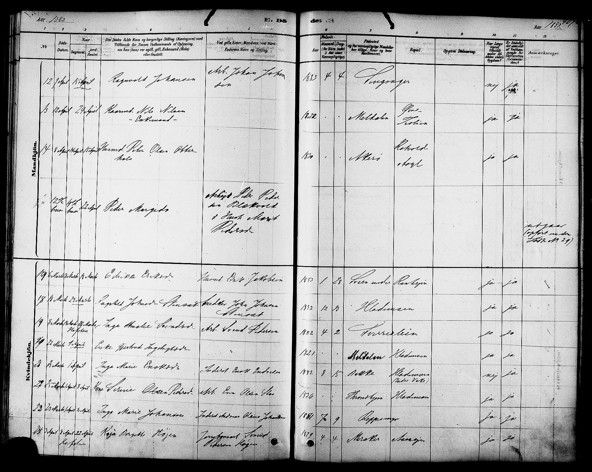 Ministerialprotokoller, klokkerbøker og fødselsregistre - Sør-Trøndelag, SAT/A-1456/606/L0294: Ministerialbok nr. 606A09, 1878-1886, s. 407