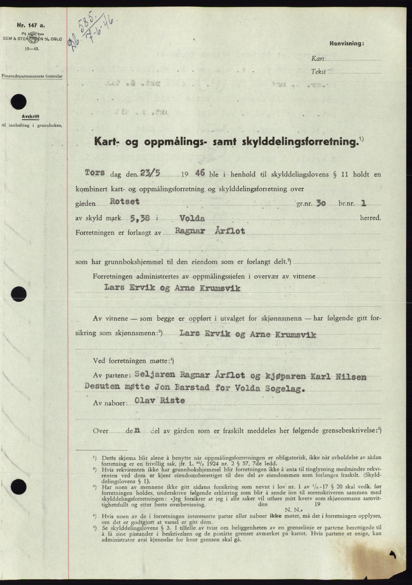 Søre Sunnmøre sorenskriveri, SAT/A-4122/1/2/2C/L0078: Pantebok nr. 4A, 1946-1946, Dagboknr: 585/1946