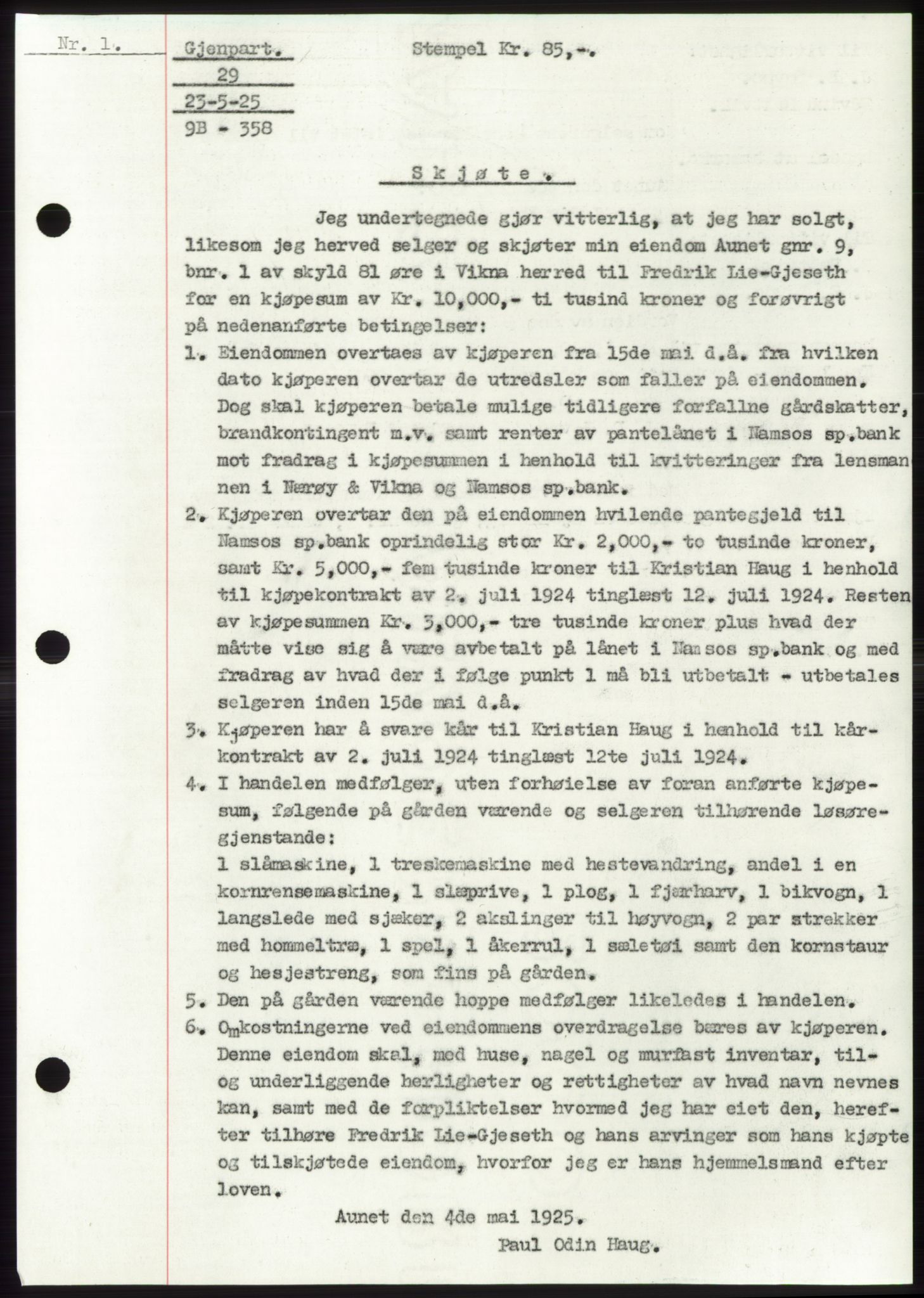 Namdal sorenskriveri, SAT/A-4133/1/2/2C: Pantebok nr. -, 1922-1925, Tingl.dato: 23.05.1925