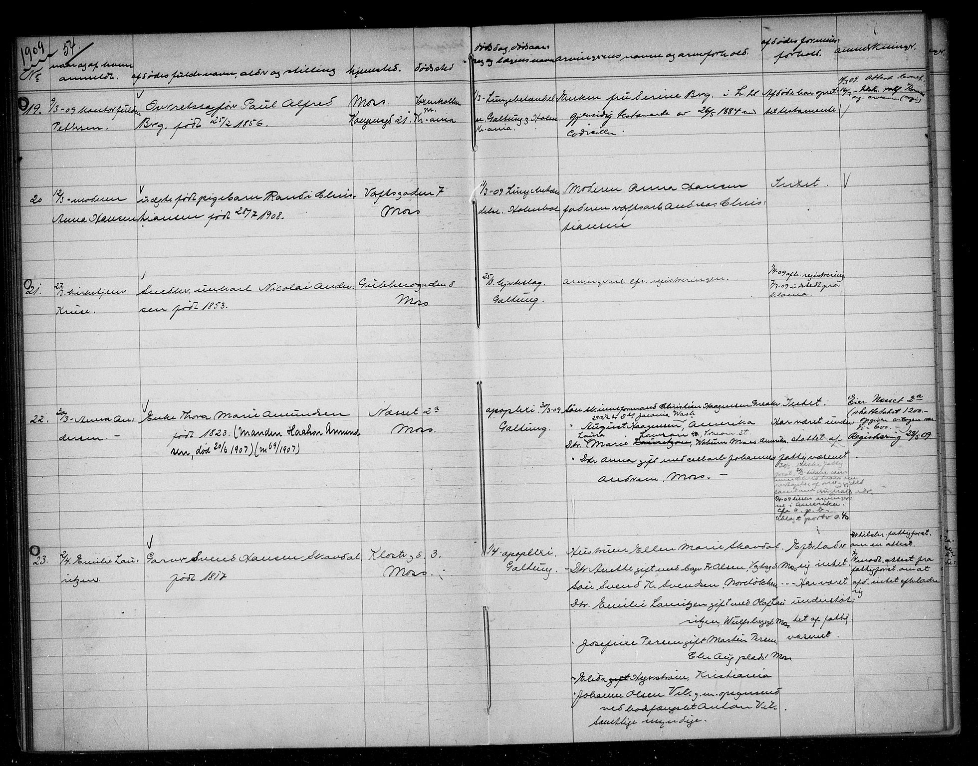 Moss byfogd, AV/SAO-A-10863/H/Ha/Hab/L0004: Dødsanmeldelsesprotokoll, 1906-1914, s. 54