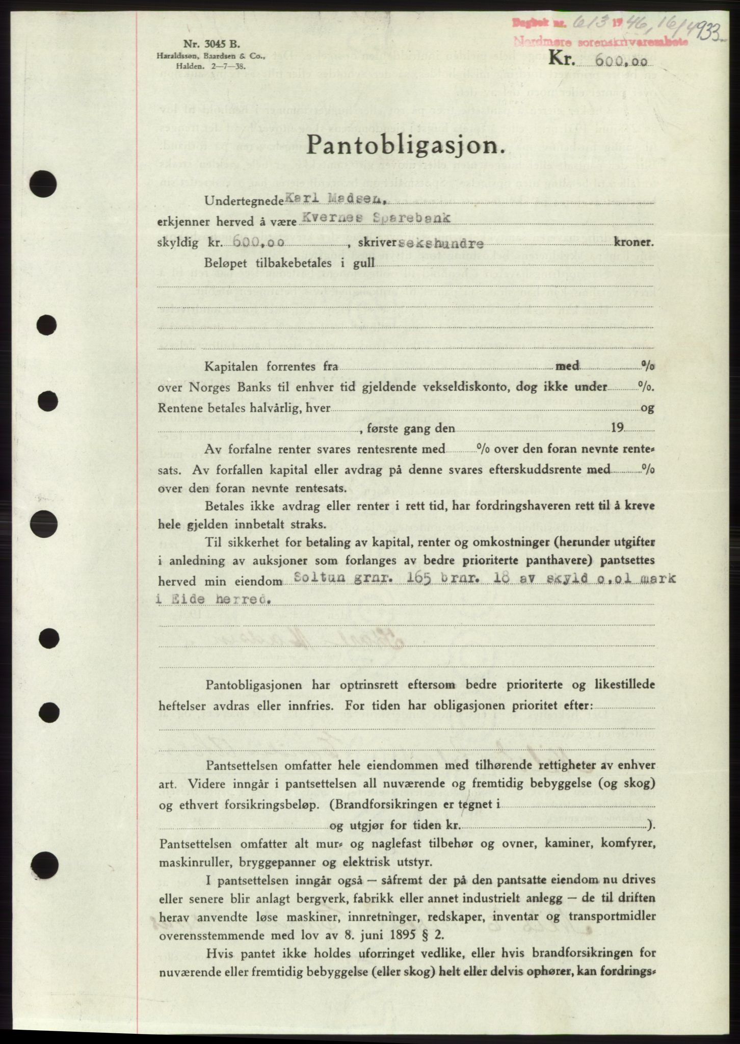 Nordmøre sorenskriveri, SAT/A-4132/1/2/2Ca: Pantebok nr. B93b, 1946-1946, Dagboknr: 613/1946