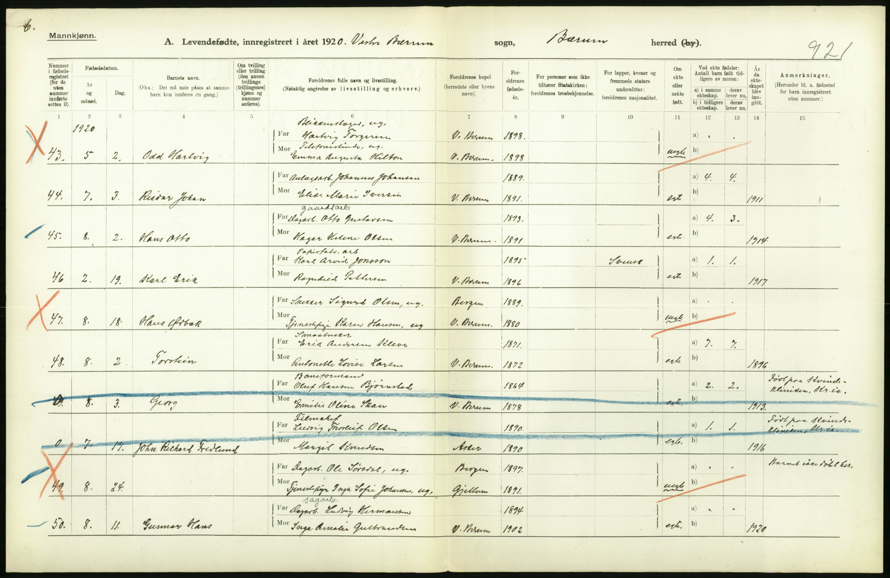 Statistisk sentralbyrå, Sosiodemografiske emner, Befolkning, AV/RA-S-2228/D/Df/Dfb/Dfbj/L0004: Akershus fylke: Levendefødte menn og kvinner. Bygder., 1920, s. 366