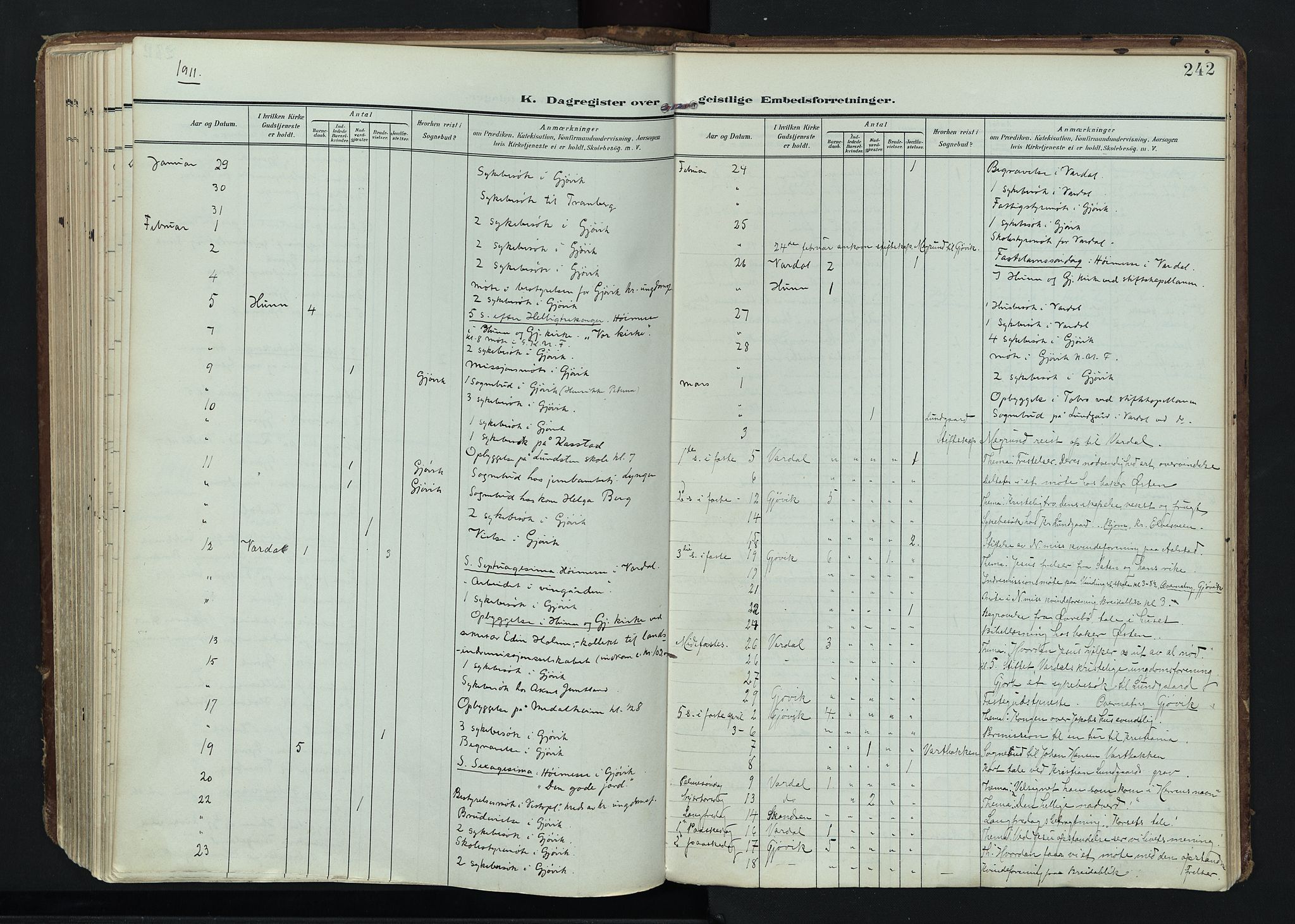 Vardal prestekontor, AV/SAH-PREST-100/H/Ha/Haa/L0020: Ministerialbok nr. 20, 1907-1921, s. 242