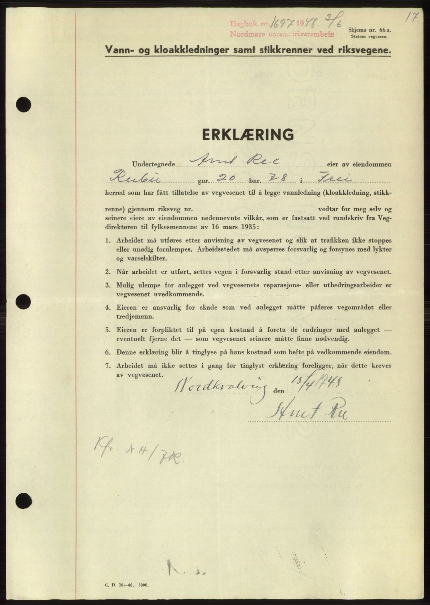 Nordmøre sorenskriveri, SAT/A-4132/1/2/2Ca: Pantebok nr. B99, 1948-1948, Dagboknr: 1697/1948
