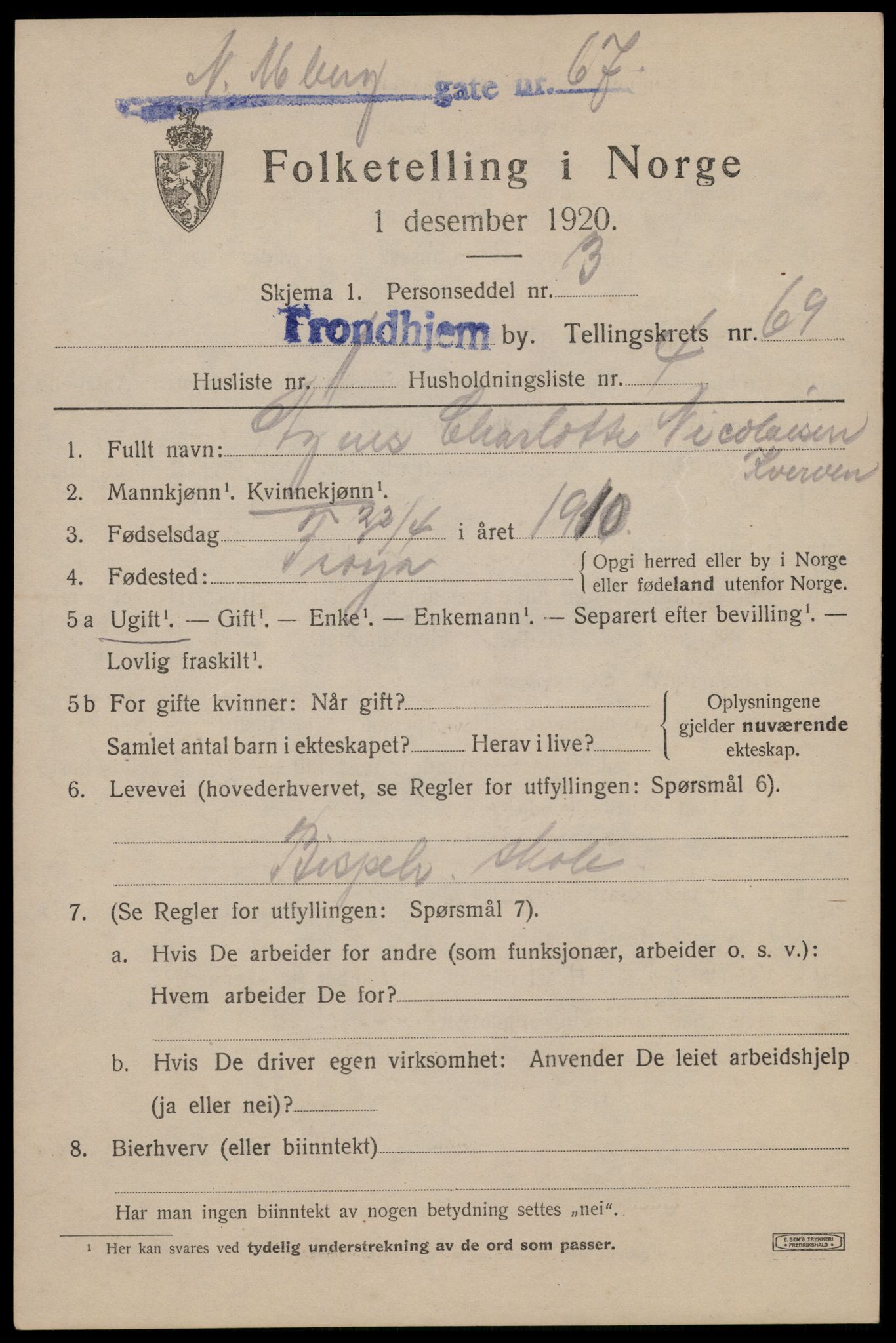 SAT, Folketelling 1920 for 1601 Trondheim kjøpstad, 1920, s. 133174