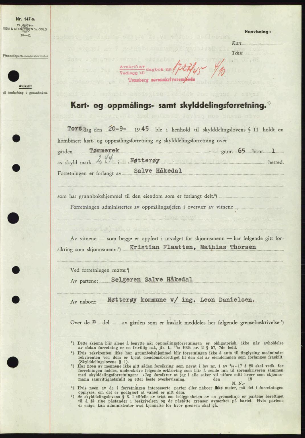 Tønsberg sorenskriveri, AV/SAKO-A-130/G/Ga/Gaa/L0017a: Pantebok nr. A17a, 1945-1945, Dagboknr: 1727/1945