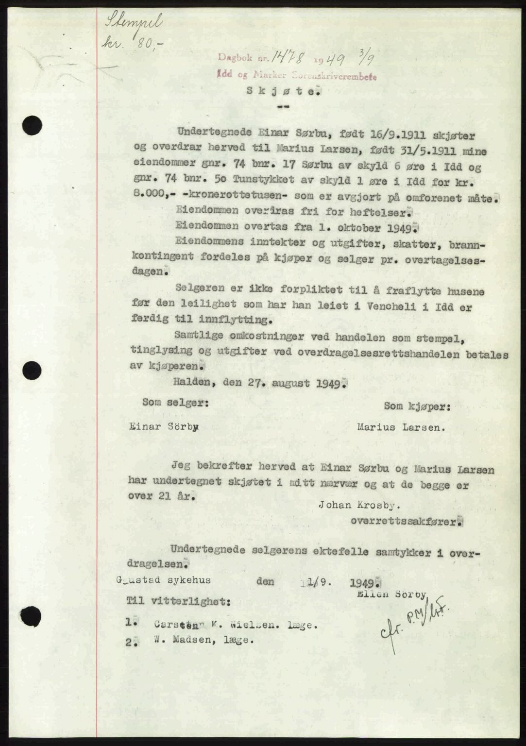 Idd og Marker sorenskriveri, SAO/A-10283/G/Gb/Gbb/L0012: Pantebok nr. A12, 1949-1949, Dagboknr: 1478/1949
