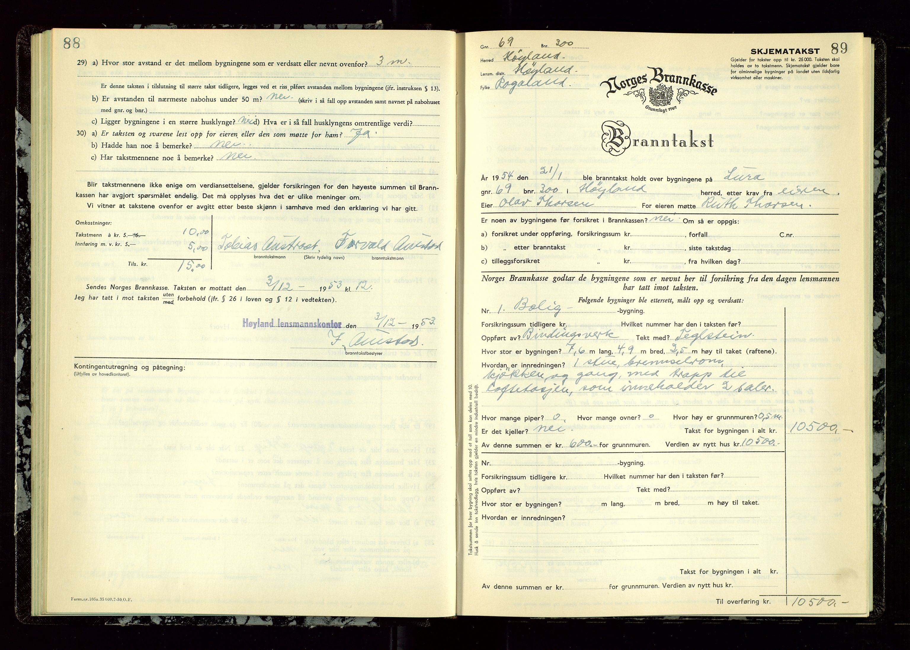 Høyland/Sandnes lensmannskontor, AV/SAST-A-100166/Gob/L0009: "Branntakstprotokoll", 1952-1955, s. 88-89