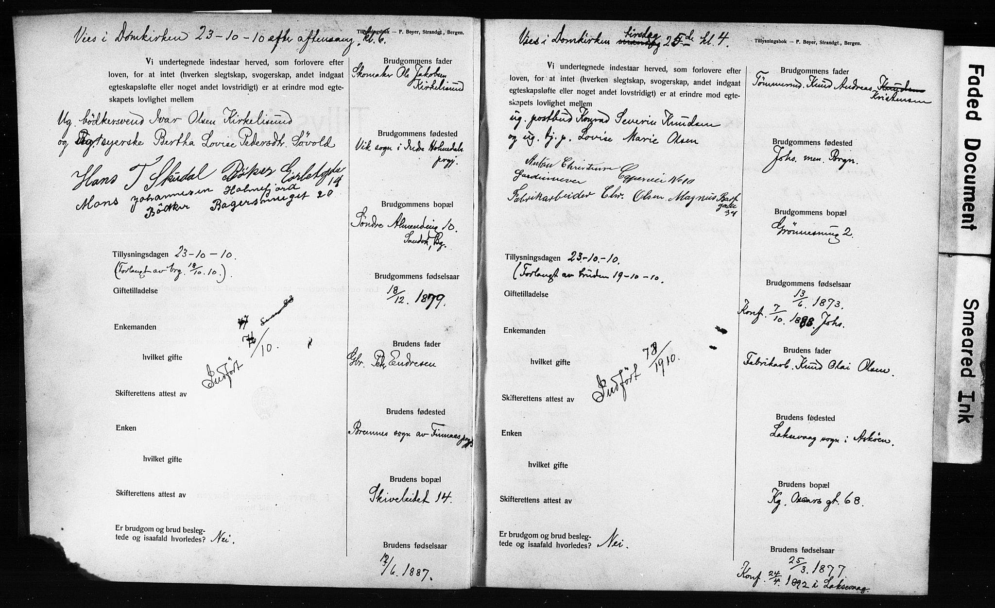 Domkirken sokneprestembete, AV/SAB-A-74801: Forlovererklæringer nr. II.5.12, 1910-1917, s. 2