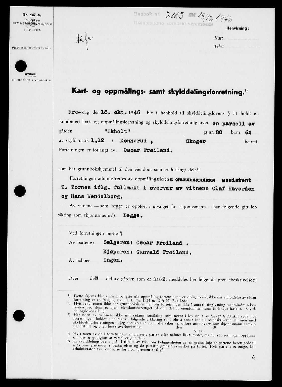 Holmestrand sorenskriveri, SAKO/A-67/G/Ga/Gaa/L0061: Pantebok nr. A-61, 1946-1947, Dagboknr: 2113/1946