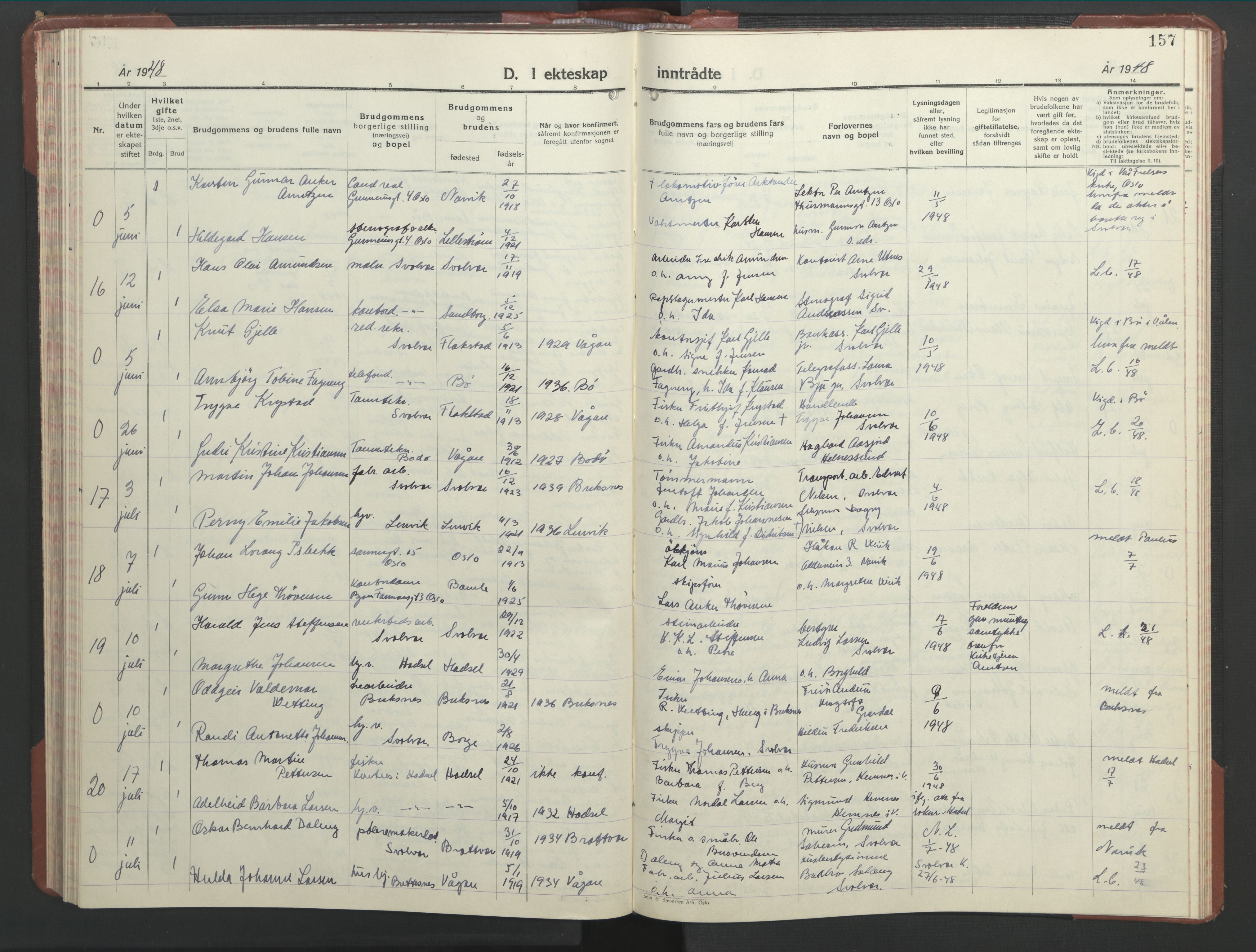 Ministerialprotokoller, klokkerbøker og fødselsregistre - Nordland, AV/SAT-A-1459/877/L1118: Klokkerbok nr. 877C02, 1939-1950, s. 157