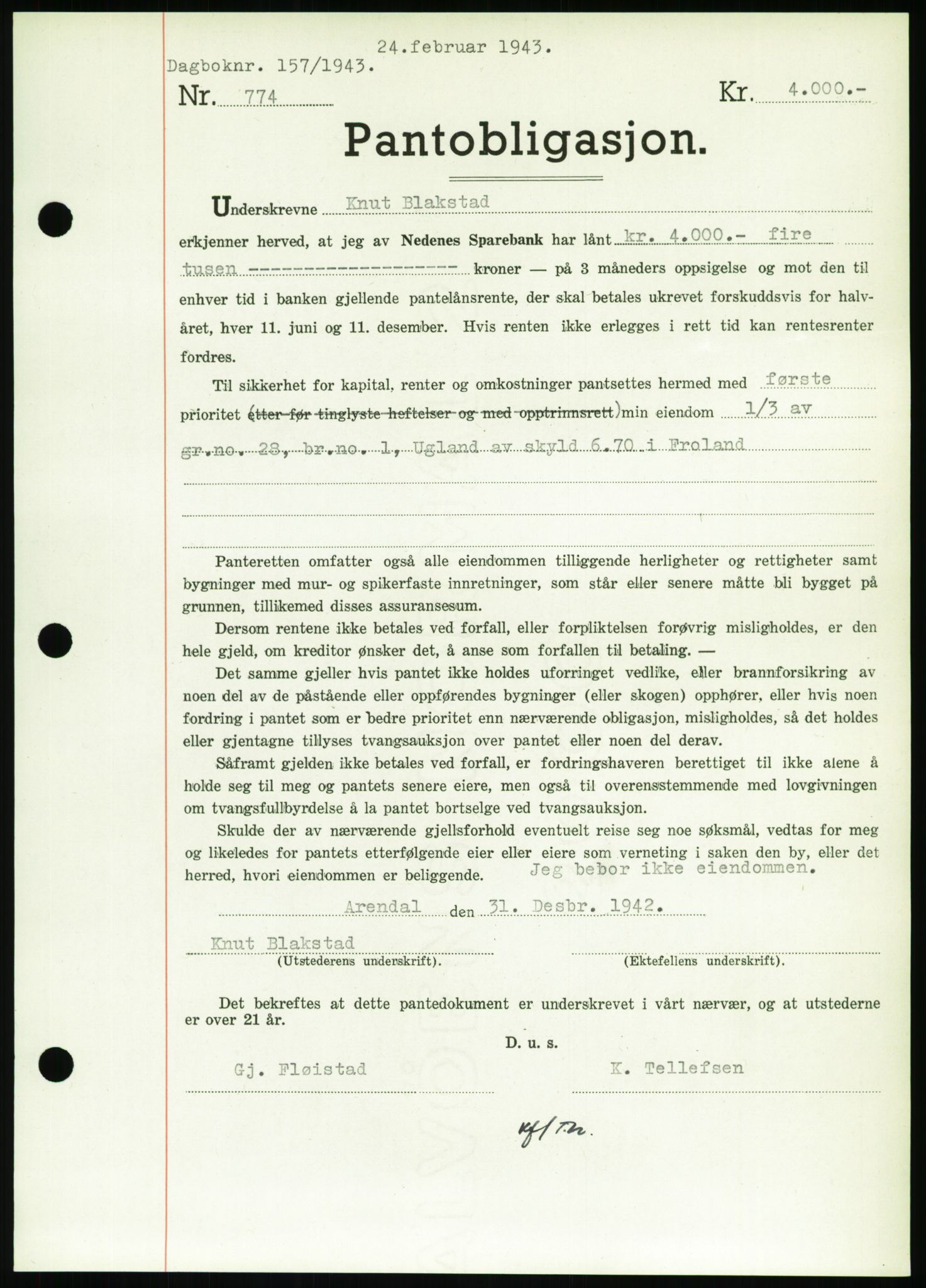 Nedenes sorenskriveri, SAK/1221-0006/G/Gb/Gbb/L0002: Pantebok nr. II, 1942-1945, Dagboknr: 157/1943