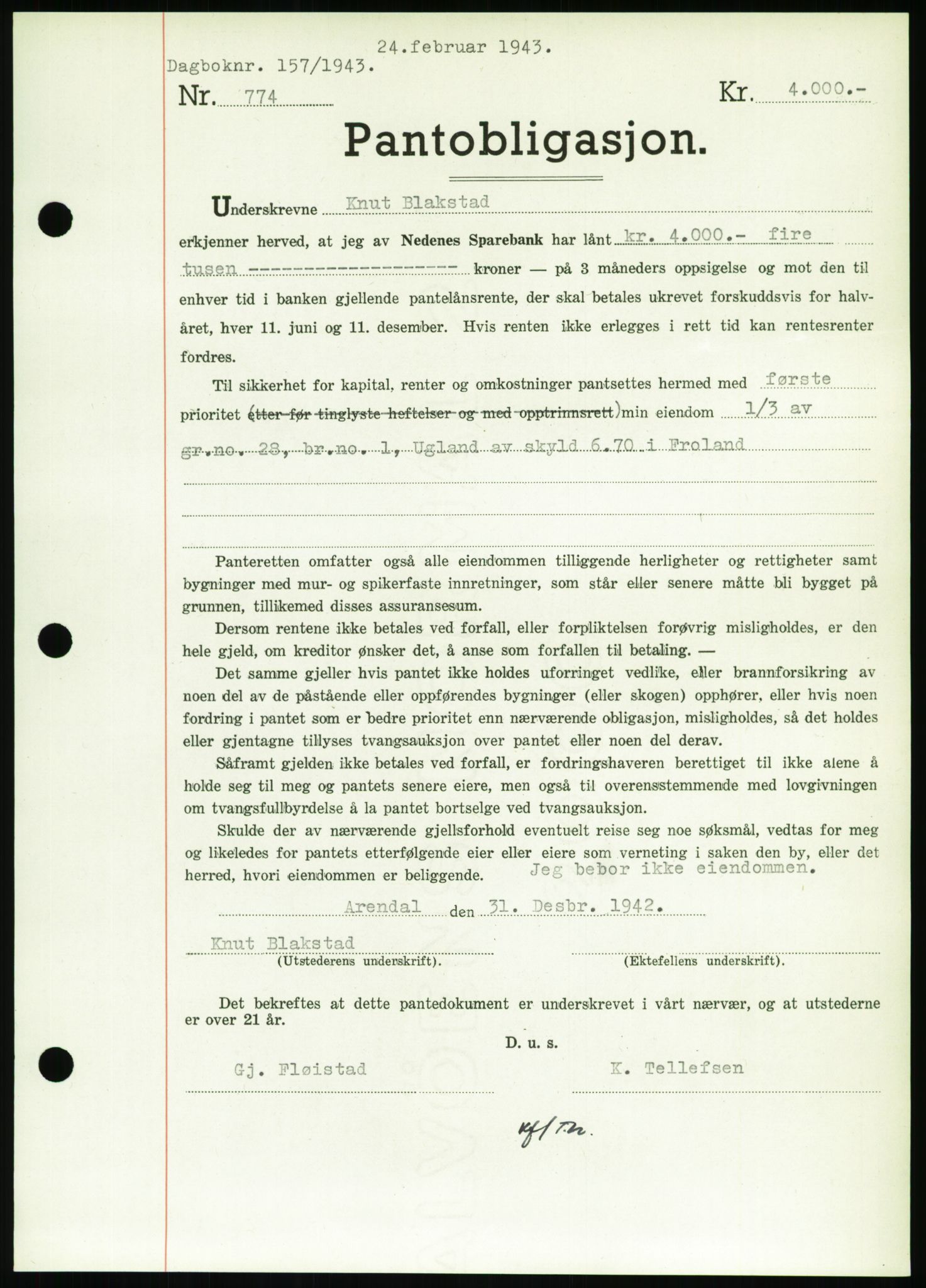 Nedenes sorenskriveri, AV/SAK-1221-0006/G/Gb/Gbb/L0002: Pantebok nr. II, 1942-1945, Dagboknr: 157/1943