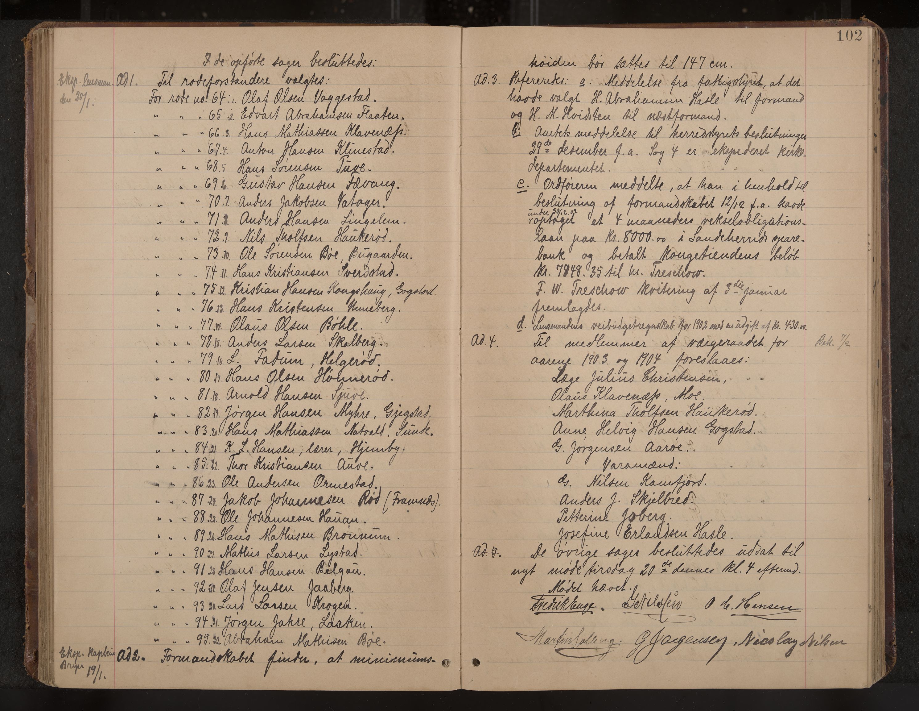 Sandar formannskap og sentraladministrasjon, IKAK/0724021/A/Aa/L0003: Møtebok med register, 1900-1907, s. 102