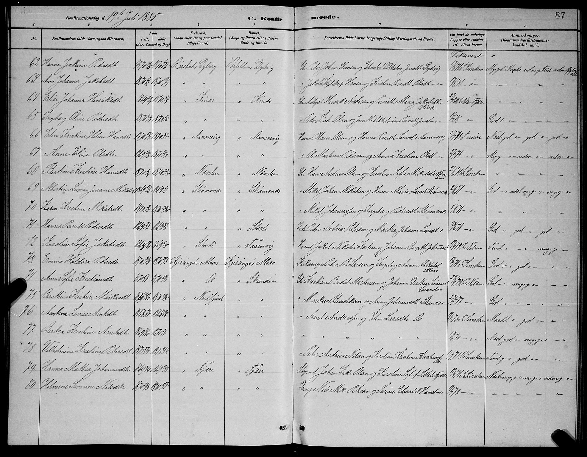 Ministerialprotokoller, klokkerbøker og fødselsregistre - Nordland, AV/SAT-A-1459/854/L0785: Klokkerbok nr. 854C01, 1883-1891, s. 87