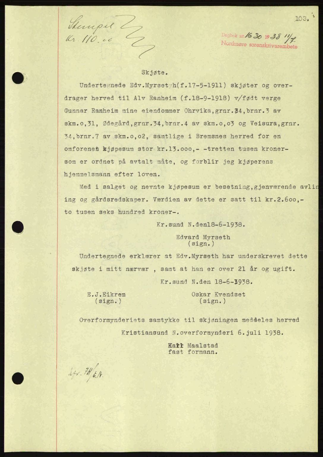 Nordmøre sorenskriveri, SAT/A-4132/1/2/2Ca: Pantebok nr. A84, 1938-1938, Dagboknr: 1630/1938