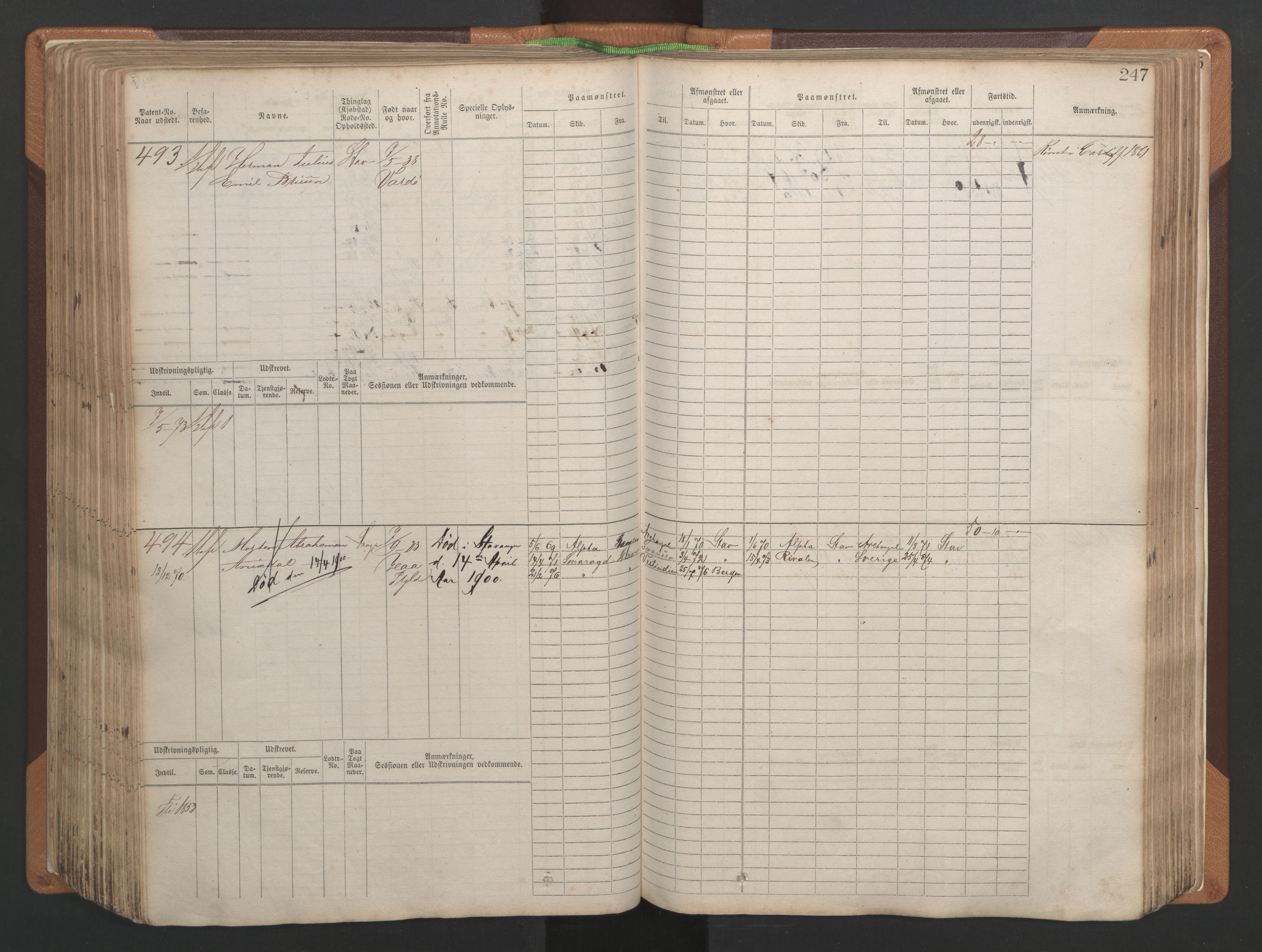 Stavanger sjømannskontor, AV/SAST-A-102006/F/Fb/Fbb/L0004: Sjøfartshovedrulle, patentnr. 1-792 (del 1), 1869-1880, s. 253
