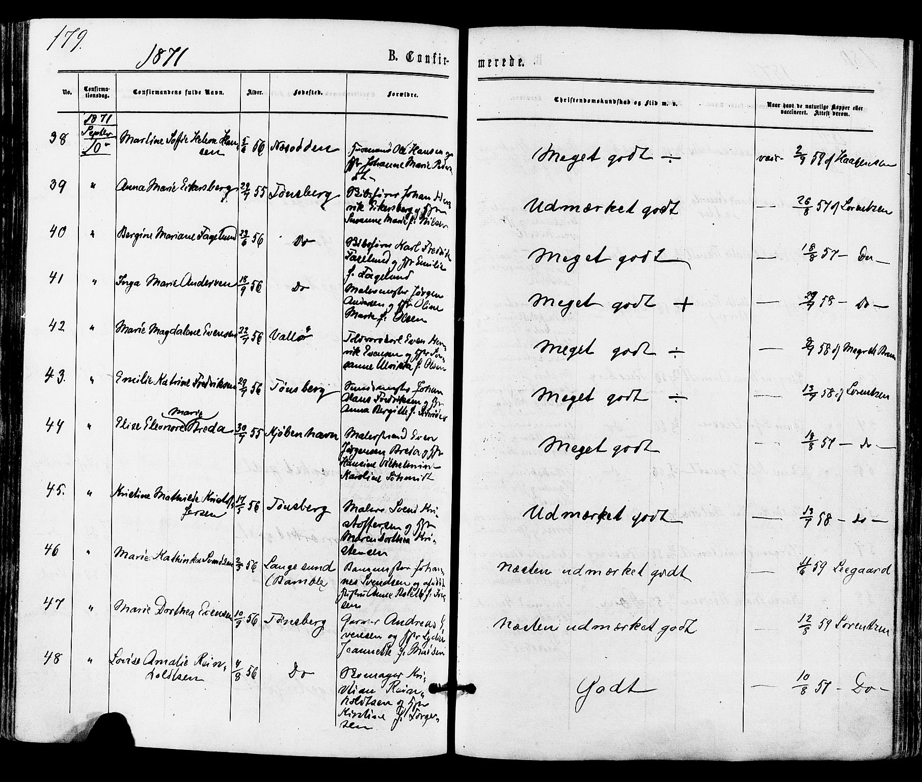 Tønsberg kirkebøker, AV/SAKO-A-330/F/Fa/L0009: Ministerialbok nr. I 9, 1865-1873, s. 179