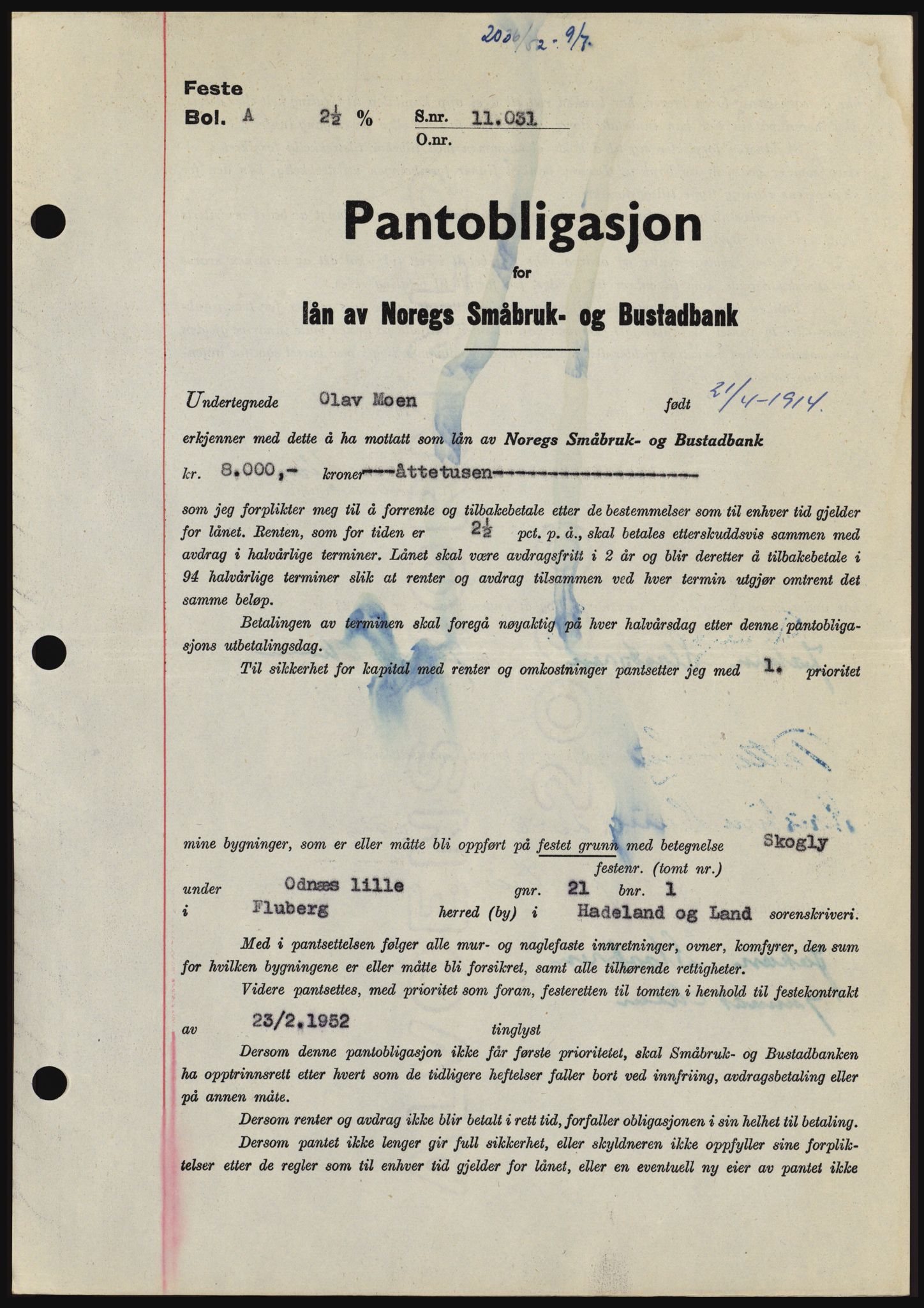 Hadeland og Land tingrett, SAH/TING-010/H/Hb/Hbc/L0024: Pantebok nr. B24, 1952-1952, Dagboknr: 2036/1952