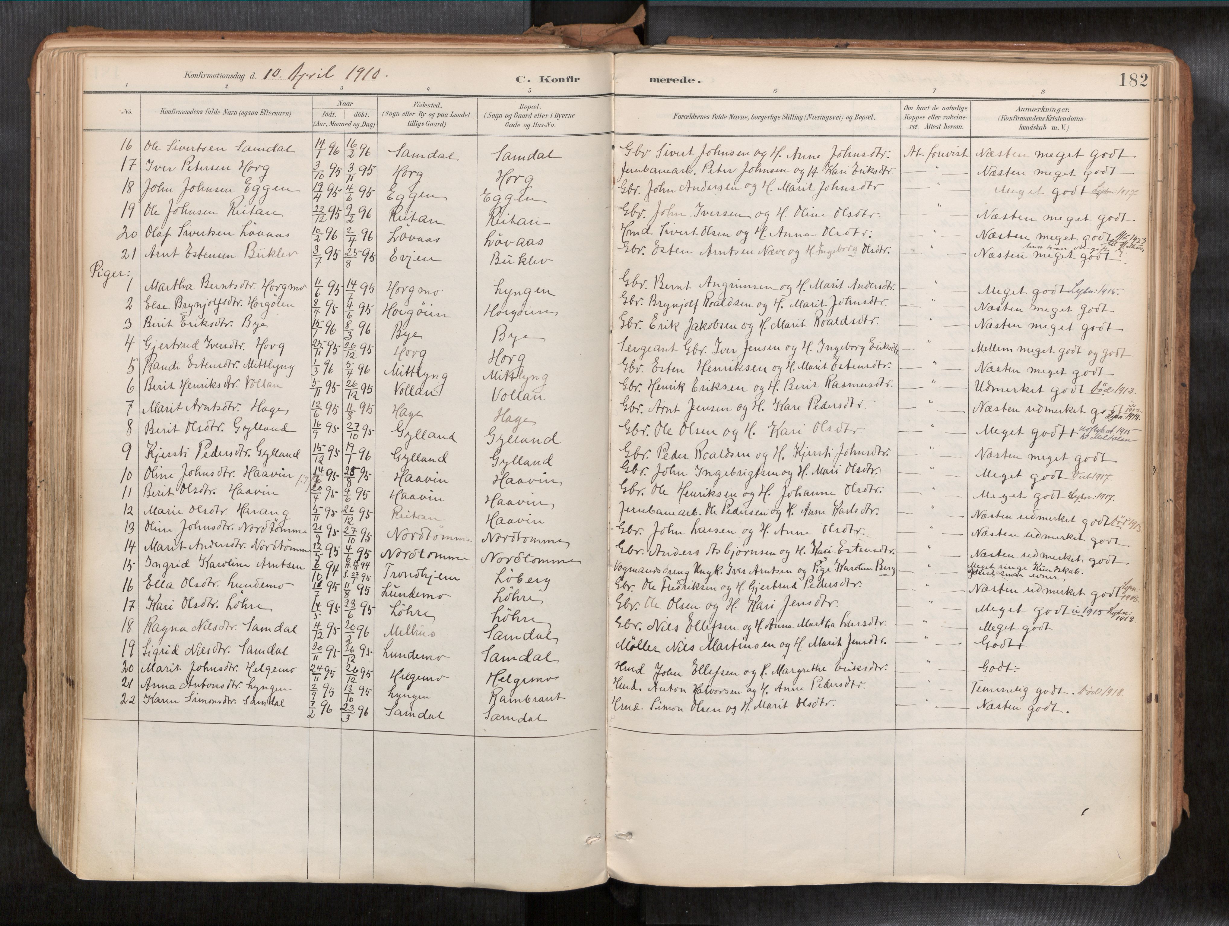 Ministerialprotokoller, klokkerbøker og fødselsregistre - Sør-Trøndelag, AV/SAT-A-1456/692/L1105b: Ministerialbok nr. 692A06, 1891-1934, s. 182