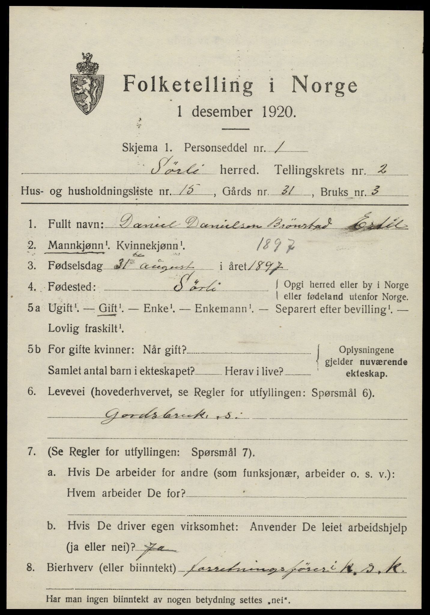 SAT, Folketelling 1920 for 1737 Sørli herred, 1920, s. 1025