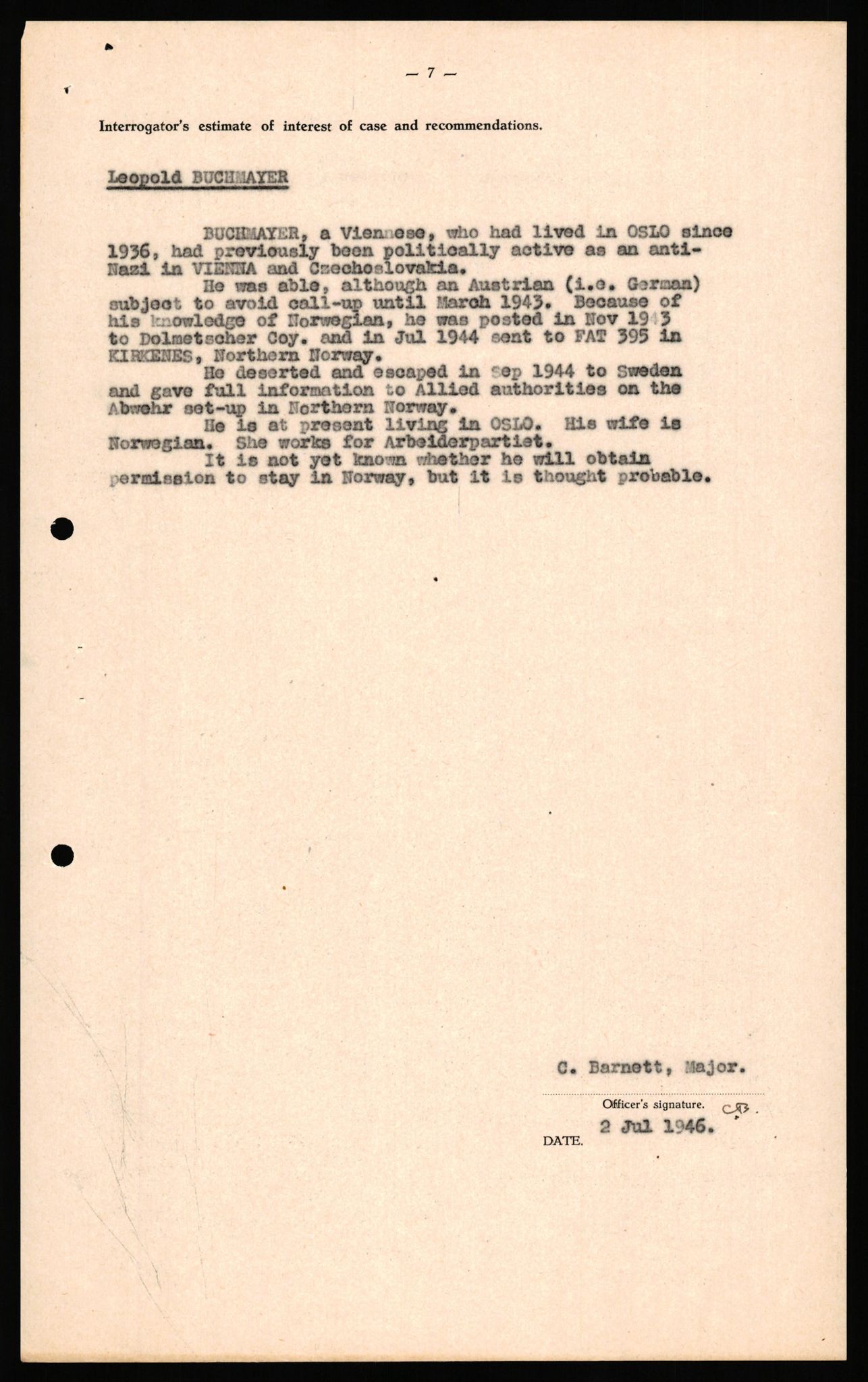 Forsvaret, Forsvarets overkommando II, AV/RA-RAFA-3915/D/Db/L0038: CI Questionaires. Tyske okkupasjonsstyrker i Norge. Østerrikere., 1945-1946, s. 139