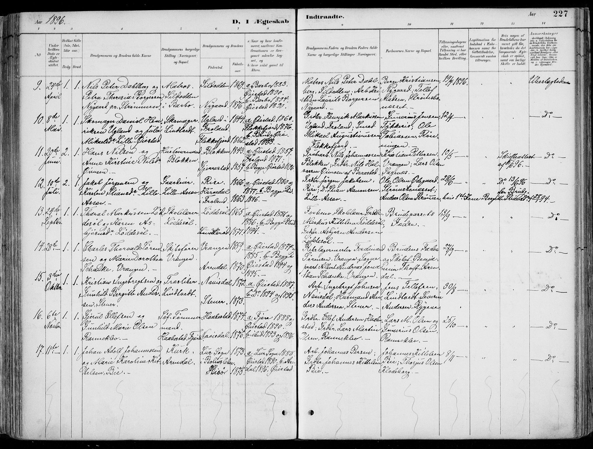 Øyestad sokneprestkontor, AV/SAK-1111-0049/F/Fa/L0017: Ministerialbok nr. A 17, 1887-1896, s. 227
