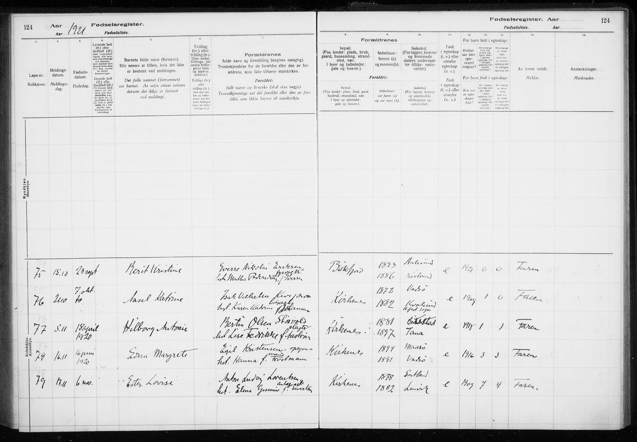 Sør-Varanger sokneprestkontor, AV/SATØ-S-1331/I/Ia/L0016: Fødselsregister nr. 16, 1915-1925, s. 124