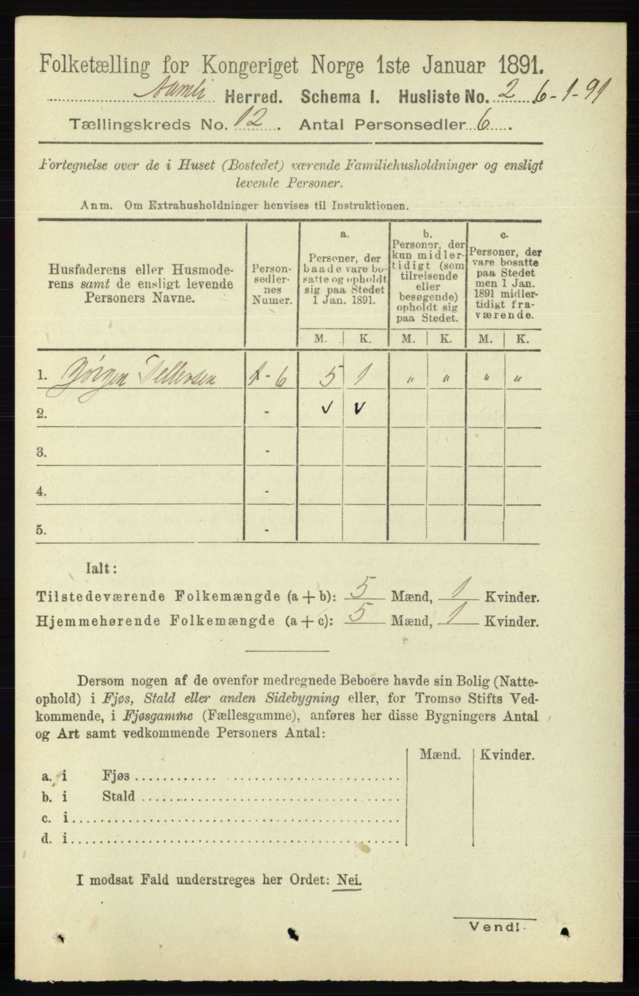 RA, Folketelling 1891 for 0929 Åmli herred, 1891, s. 2019