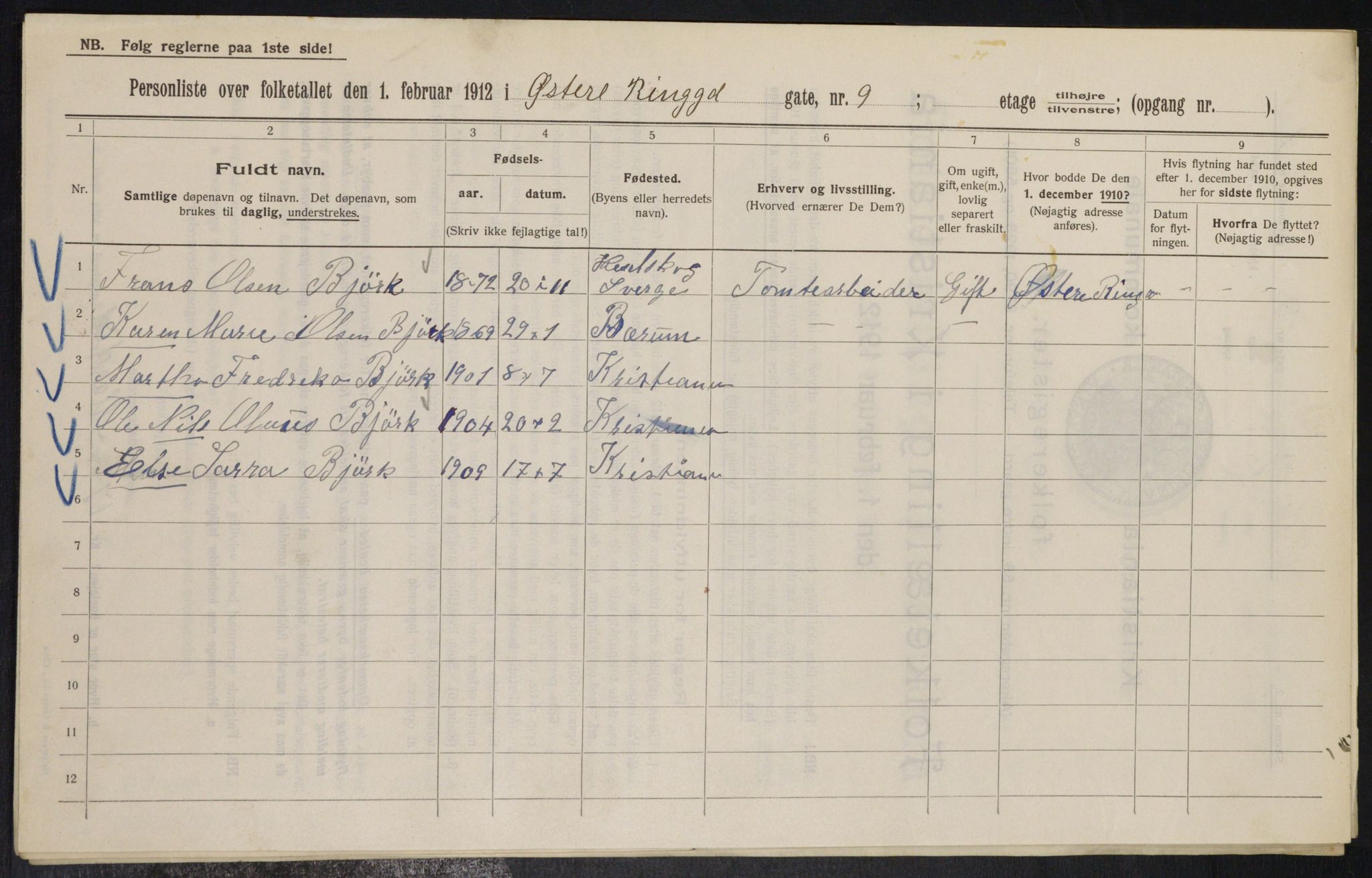 OBA, Kommunal folketelling 1.2.1912 for Kristiania, 1912, s. 129474