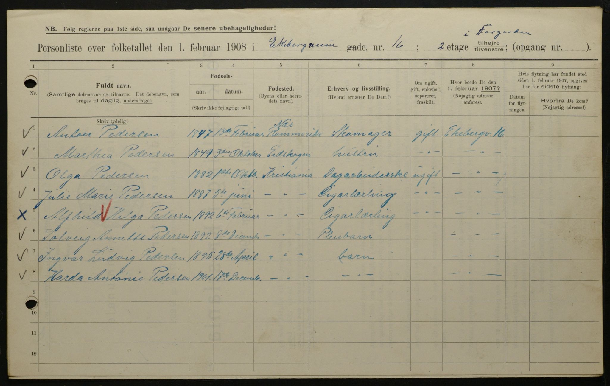 OBA, Kommunal folketelling 1.2.1908 for Kristiania kjøpstad, 1908, s. 18532