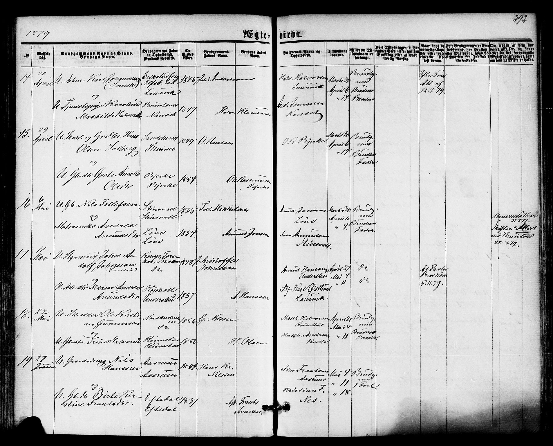 Hedrum kirkebøker, AV/SAKO-A-344/F/Fa/L0008: Ministerialbok nr. I 8, 1869-1880, s. 292