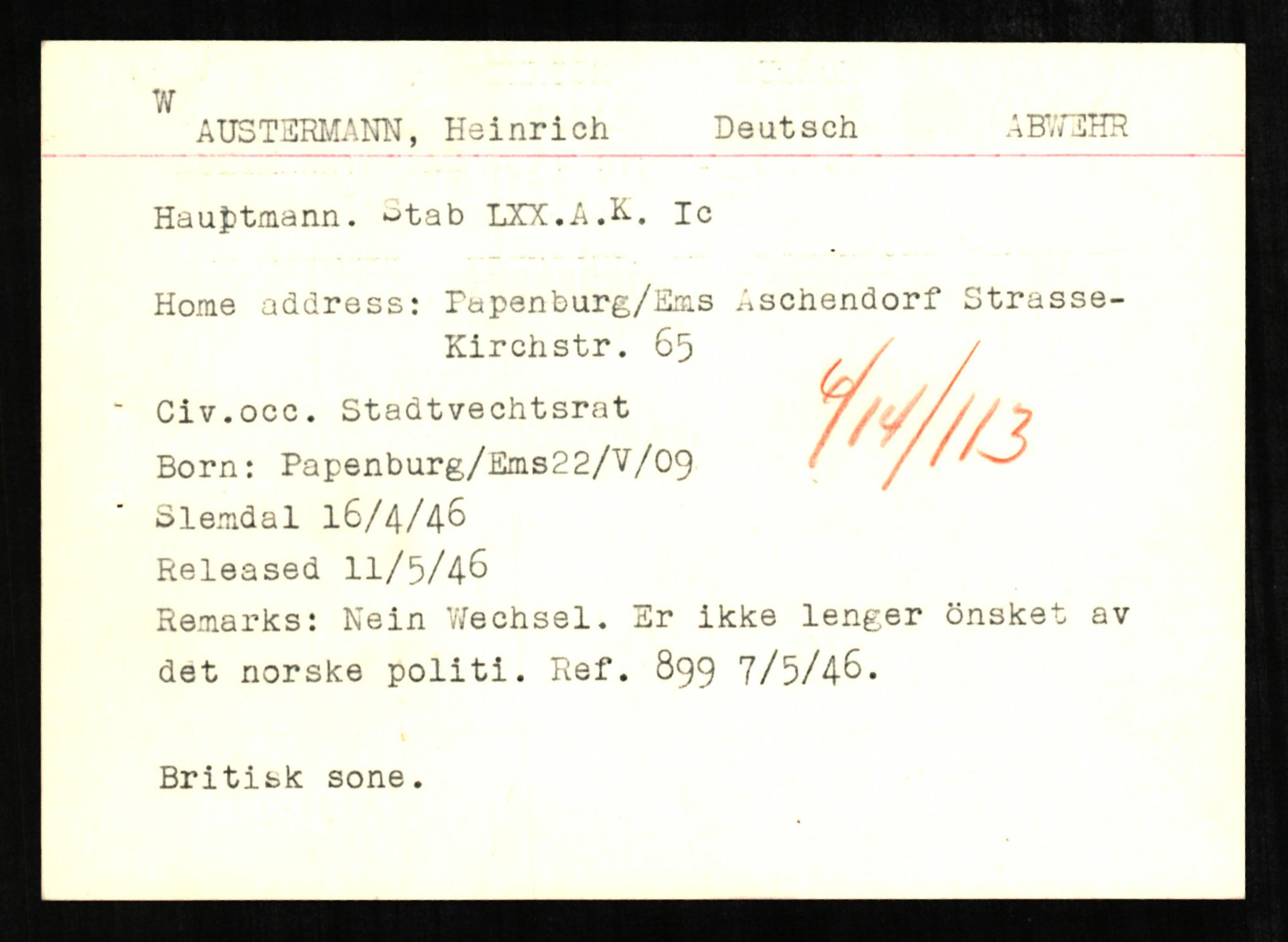 Forsvaret, Forsvarets overkommando II, AV/RA-RAFA-3915/D/Db/L0001: CI Questionaires. Tyske okkupasjonsstyrker i Norge. Tyskere., 1945-1946, s. 456