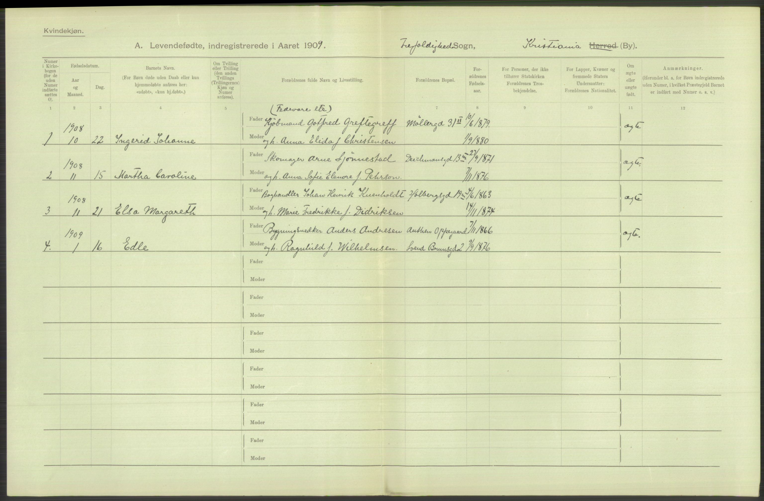 Statistisk sentralbyrå, Sosiodemografiske emner, Befolkning, AV/RA-S-2228/D/Df/Dfa/Dfag/L0007: Kristiania: Levendefødte menn og kvinner., 1909, s. 774