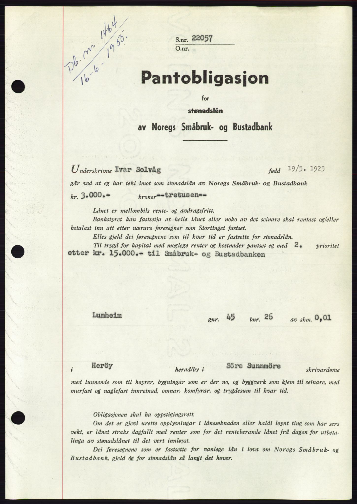 Søre Sunnmøre sorenskriveri, SAT/A-4122/1/2/2C/L0127: Pantebok nr. 15B, 1955-1955, Dagboknr: 1464/1955